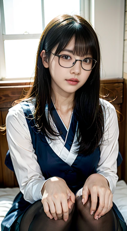 Ulsan-6500-V1.1,(Raw photo:1.2), (realistic:1.4), random pose,Meticulous beautiful girl, highly detailed eyes and face, detailed and beautiful eyes, absurd, incredibly ridiculous, huge file size, super detailed, High resolution, very detailed,best quality,master piece,((Japanese girls' high school uniform)),enlightenment,very detailed,cg,unified,8k wallpaper,amazing cleavage,finely,master piece,best quality,very detailed的 cg unified 8k wallpaper,face light,cinematic lighting, 1 girl, 28 years old,(wearing glasses),(((dynamic pose))),(nakedの下半身),((pantyhose)),((sit with legs apart)),(spread your hands wide)(naked).cute freckles.Mole under left eye,
