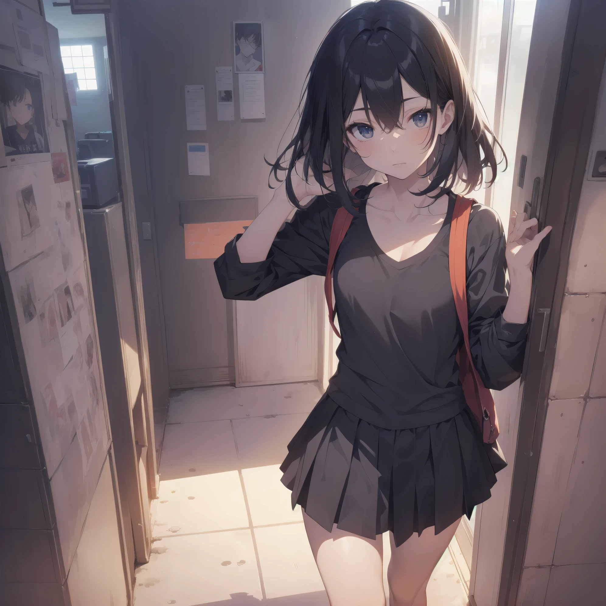 ultra-absurdres-Top quality by artist God, ultra-detailed, high resolution, anime moe artstyle, best anime 8k konachan wallpaper, pixiv contest winner, perfect anatomy,break, 1girl, (Please draw a girl walking sleepily to school alone. )break,(Solo,little female, -yeld:1.Full limbs, complete fingers,a junior hiiveness of immature bodies, (very short hair), short cut, flat chest, , small butt, small black eyes, beautiful detailed eyes, well-proportioned iris and pupils, expressive eyes, highres detailed hair, soft expression, school_uniform, official_alternate_costume, pleated skirt,(Detailed Lighting), (Detailed background), in the School commute route. break,super detailed skin, Best cinematic lighting powered by famous artist, 8k,beauty illustration,photoshop_(medium),very aesthetic,break,((artist:itomugi-kun )), artist:akinashi yuu ,artist:oyari ashito ,artist:kantoku ,