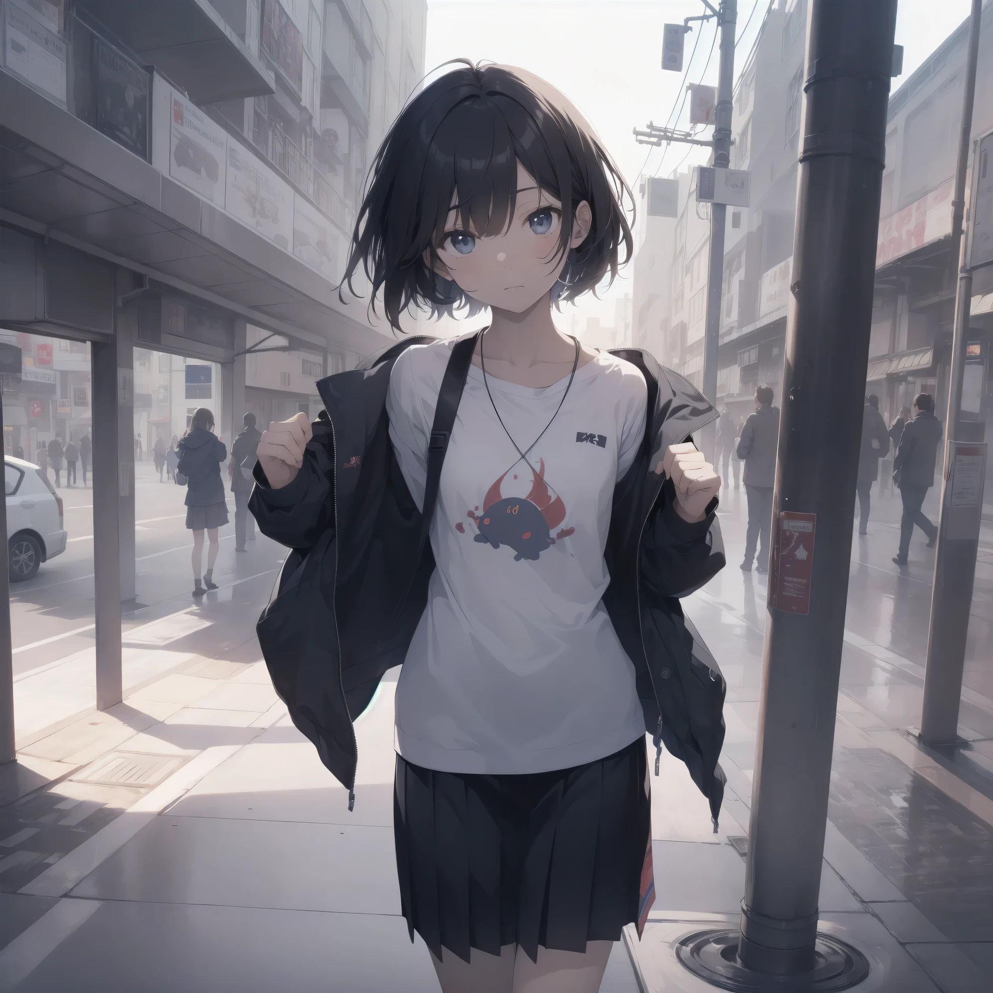 ultra-absurdres-Top quality by artist God, ultra-detailed, high resolution, anime moe artstyle, best anime 8k konachan wallpaper, pixiv contest winner, perfect anatomy,break, 1girl, (Please draw a girl walking sleepily to school alone. )break,(Solo,little female, 13-year-old:1.3),Full limbs, complete fingers,a junior high school student, Attractiveness of immature bodies, (very short hair), short cut, flat chest, , small butt, small black eyes, beautiful detailed eyes, well-proportioned iris and pupils, expressive eyes, highres detailed hair, soft expression, school_uniform, official_alternate_costume, pleated skirt,(Detailed Lighting), (Detailed background), in the School commute route. break,super detailed skin, Best cinematic lighting powered by famous artist, 8k,beauty illustration,photoshop_(medium),very aesthetic,break,((artist:itomugi-kun )), artist:akinashi yuu ,artist:oyari ashito ,artist:kantoku ,