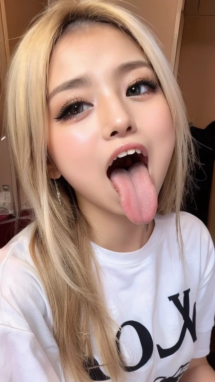 Japanese woman, beautiful girl, gal, blonde, baby face, highest quality realistic skin, eyes in focus, 20 years old, sticking out tongue, focus on mouth, open mouth, long tongue, saliva, open mouth wide, inside of mouth visible, open mouth and sticking out tongue 