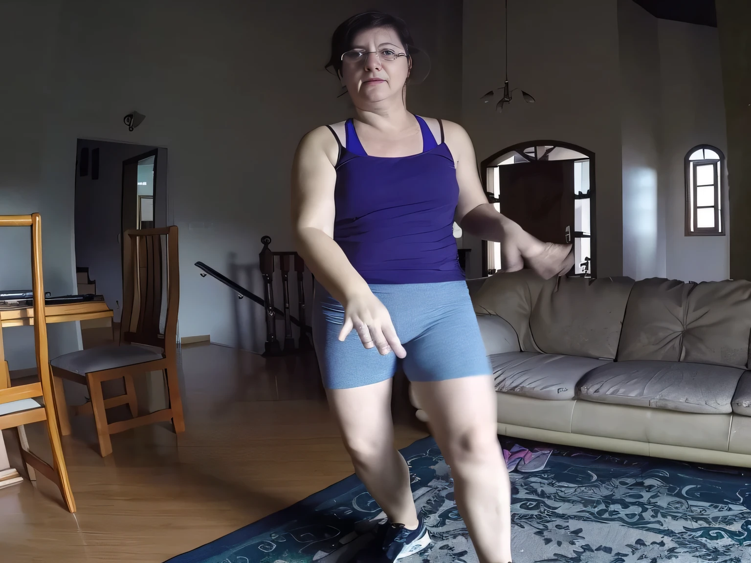 Woman in a room dancing, wearing gray shorts and a blue tank top, he is around 40 years old. Masterpiece, best quality, (extremely detailed CG Unit 8k wallpaper), (best quality), (best illustration), (best shadow), absurdities, realistic lighting, (Abyss), beautiful detailed glow.
