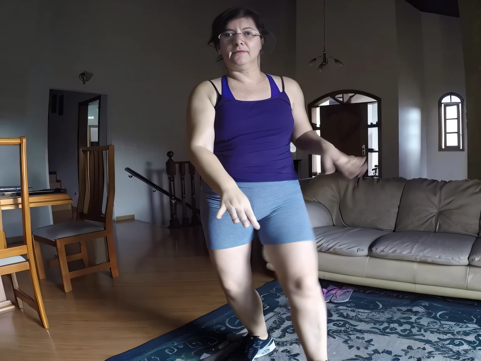 Woman in a room dancing, wearing gray shorts and a blue tank top, he is around 40 years old. Masterpiece, best quality, (extremely detailed CG Unit 8k wallpaper), (best quality), (best illustration), (best shadow), absurdities, realistic lighting, (Abyss), beautiful detailed glow.