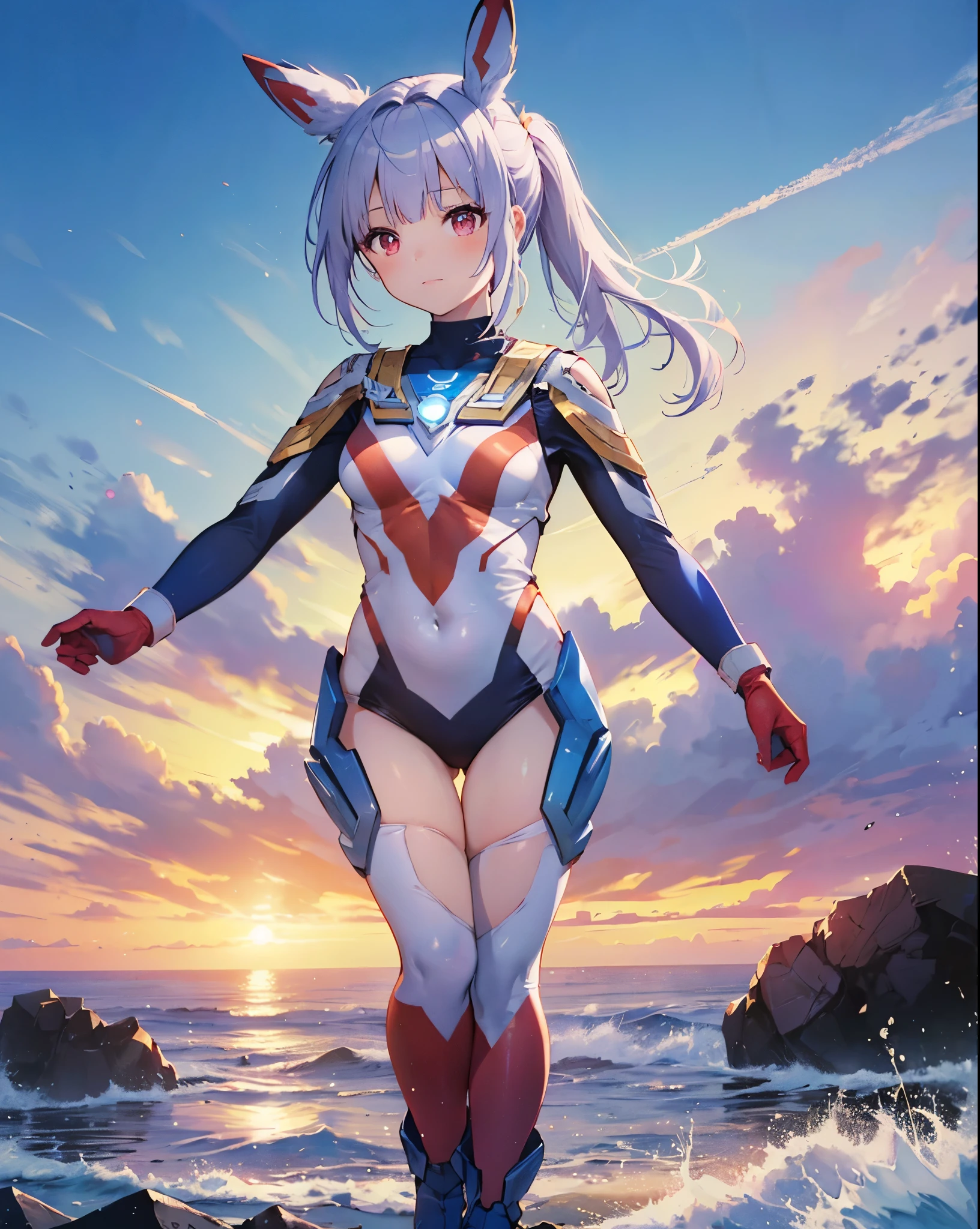 realistic,highest quality, ultra detail, High-quality CG rendering, The most delicate and beautiful, Floating gently, High resolution, (1 girl), (Highest image quality,4K,8K,masterpiece:1.2) ,light purple hair,Rabbit,Bunny ears,ponytail,red eyes,(ultra girl:1.0),(blue ultraman bodysuit:1.4),blue gloves,blue shoes