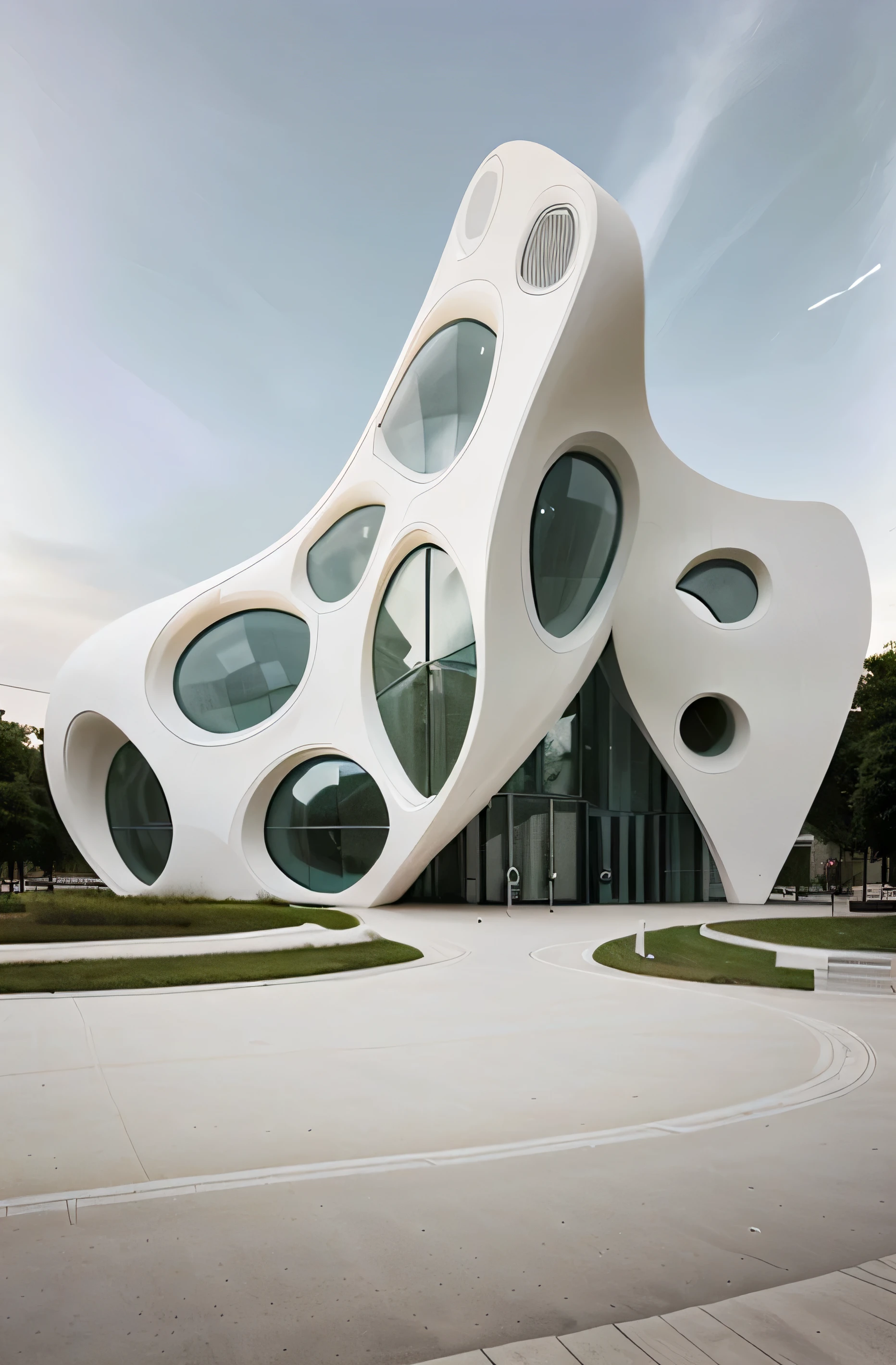 An organic building with the use of a music museum in the shape of a guitar with white and modern materials