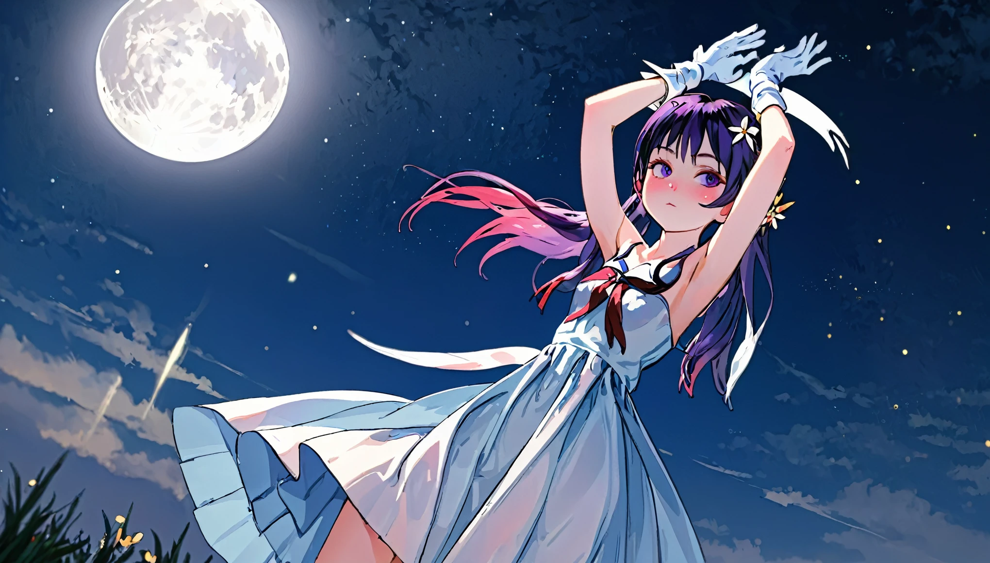 1 elven girl, solo, long hair, breasts, blush, bangs, large breasts, hair ornament, gloves, dress, bare shoulders, twintails, jewelry, medium breasts, closed mouth, closed eyes, upper body, purple hair, braid, flower, earrings, outdoors, detached sleeves, sky, elbow gloves, white gloves, hair flower, white dress, from side, strapless, night, moon, crown, star (sky), night sky, strapless dress, full moon, starry sky, mini crown