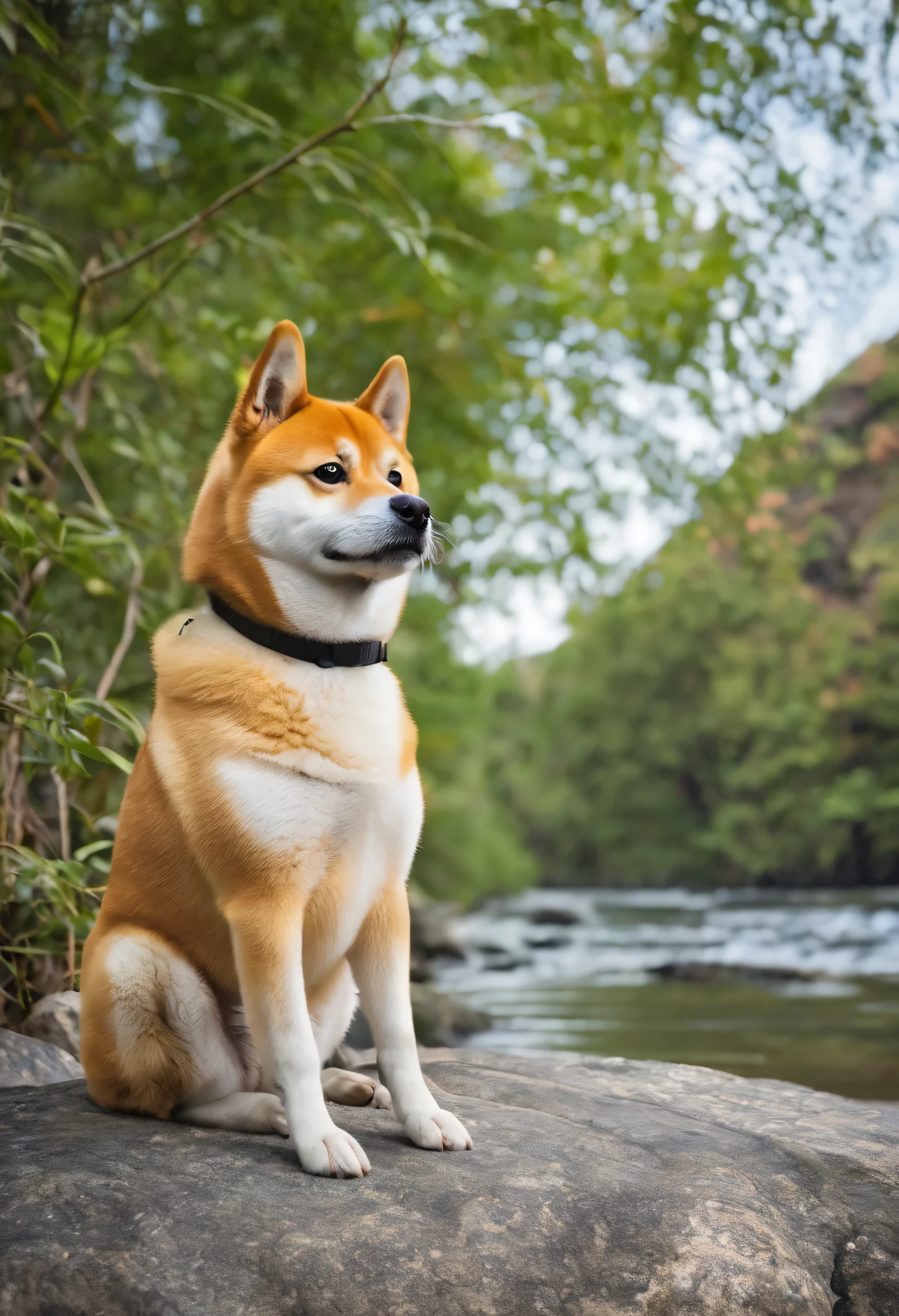 shiba sitting on a rock next a river