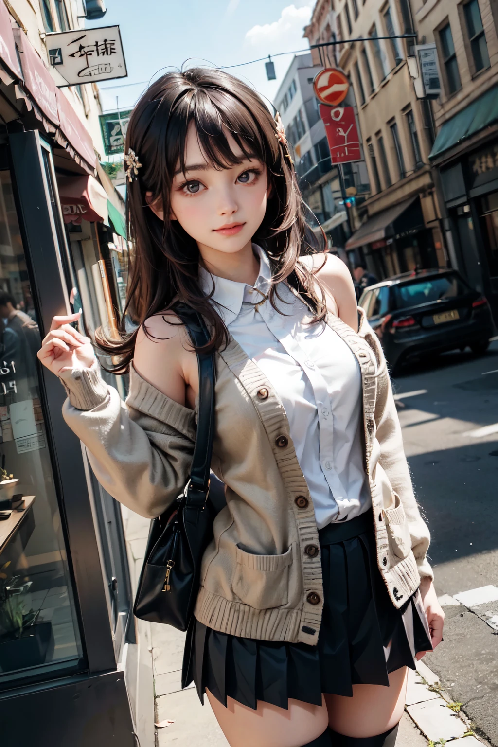 very cute and beautiful girl,teen,(highly detailed beautiful face),(white blouse),
(smile),cowboy shot,looking at viewer,
(beige cardigan:1.2) BREAK zettai ryouiki,brown shoulder bag,(brown boots),
stylish pose,hair ornament,black hair,(pleated black mini skirt:1.2),
standing in front of cake shop show window,downtown street,crowd,people,
(best quality,masterpiece:1.0),absurdres,highres,ultra-detailed,extremely detailed,32k,8k resolution,
intricate details,cinematic scene,detailed background,solo,dynamic angle,
natural lighting,hair fluttering in the wind,beautiful detailed sky,