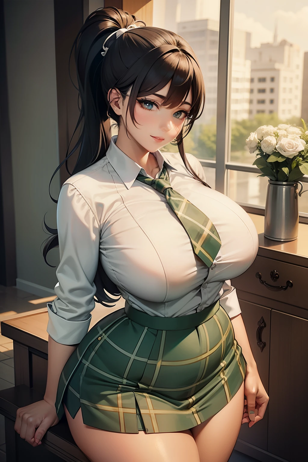 Best quality, solo mature woman, giant breasts, giant ass, very curvy, white skin, styled high ponytail, pear green eyes, full lips, seductive, sly smile, exposed white button up, loosen tie, pear green plaid skirt, ribbon in hair, thick thighs, curvy physique (MOIST SKIN) (BEAUTIFUL FACE)