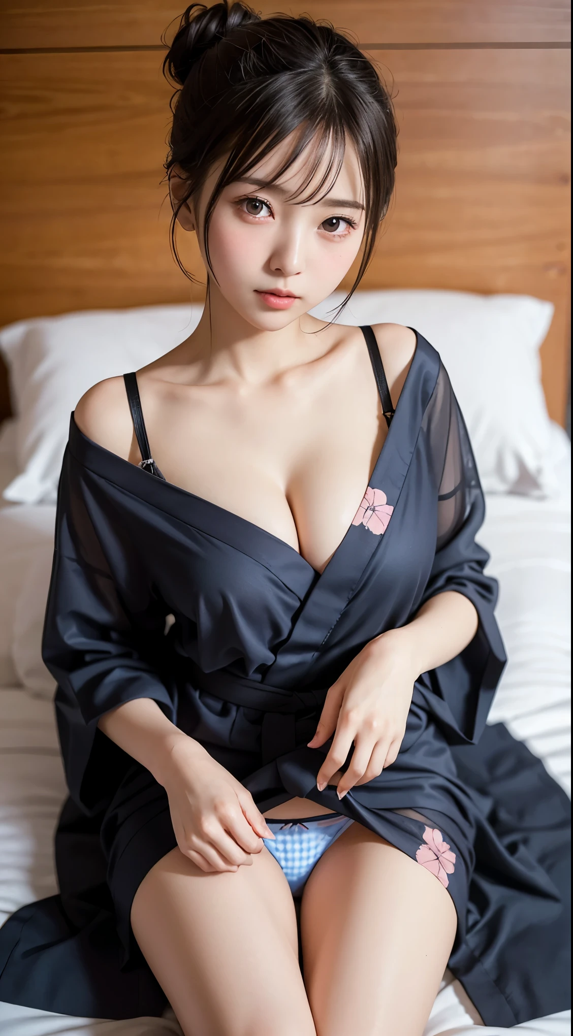 (extra detailed sheer panties:1.3), highest quality、(professional writing)、masterpiece、Detailed workmanship、(high resolution:1.1)、(8K, High resolution:1.2)、(RAW photo, photorealistic:1.3)、slender body shape、high definition face、(Face is in focus、high definition eyes)、(Focused, symmetrical pupils:1.2)、High-definition and beautiful skin、firm skin、natural makeup、gross lip, High-definition hair texture, (japanese woman、high school girl:1.3)、、(hair bun:1.2), unparalleled beauty、break (A patterned yukata with an open hem, multiple color:1.3) break bedroom, (on the bed、I have my hands on my chest:1.3)、(lying on one’s back:1.3), thin legs、Her legs are exposed、(shy face), medium breast, cleavage, (nipples), (very embarrassed, blush:1.3)、(shot from above:1.2), (looking at viewer:1.2)