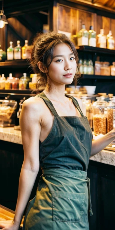 original photo，A sexy girl working at a counter in Starbucks，black shirt， Wearing a green apron outside，rim light， clavicle， Face， long legs，Idol， depth of field， tilt， reflective，lifelike, ultra high resolution, high quality，soft light，best quality，masterpiece，8K，Super real，