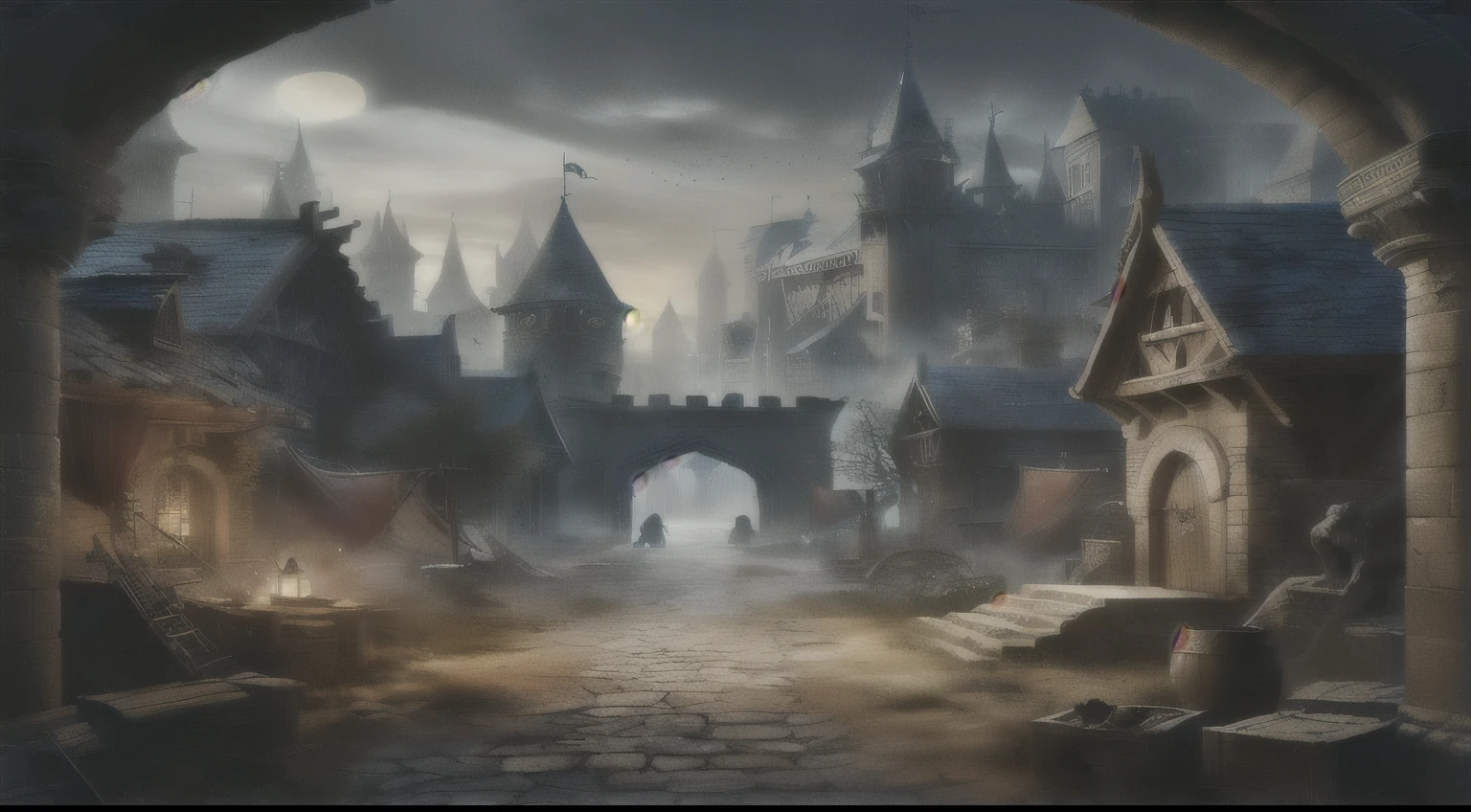 a picture taken from a tunnel looking at a castle with a clock tower, medieval fantasy game art, medieval city, medeival fantasy town, medieval city background, medieval town, fantasy town setting, fantasy game art, fantasy town, fantasy cityscape, medieval fantasy art, castle town, medieval dark fantasy, fantasy medieval, medieval fantasy landscape, fantasy city background