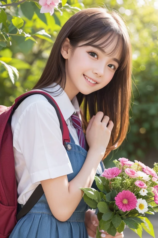 (best quality,4k,8k,highres,masterpiece:1.2),ultra-detailed,realistic (photo-realistic:1.37),2 junior high school girls, cute, beautiful detailed eyes and face, long eyelashes, adorable smiles,happy and energetic expressions, wearing school uniforms, colorful hair accessories, vibrant backpacks, walking hand in hand in a blooming garden, surrounded by colorful flowers and lush greenery, sunlight filtering through the trees, creating a warm and magical atmosphere, soft pastel colors, gentle and dreamy lighting, capturing the innocence and joy of youth, with a touch of whimsical and playful elements.