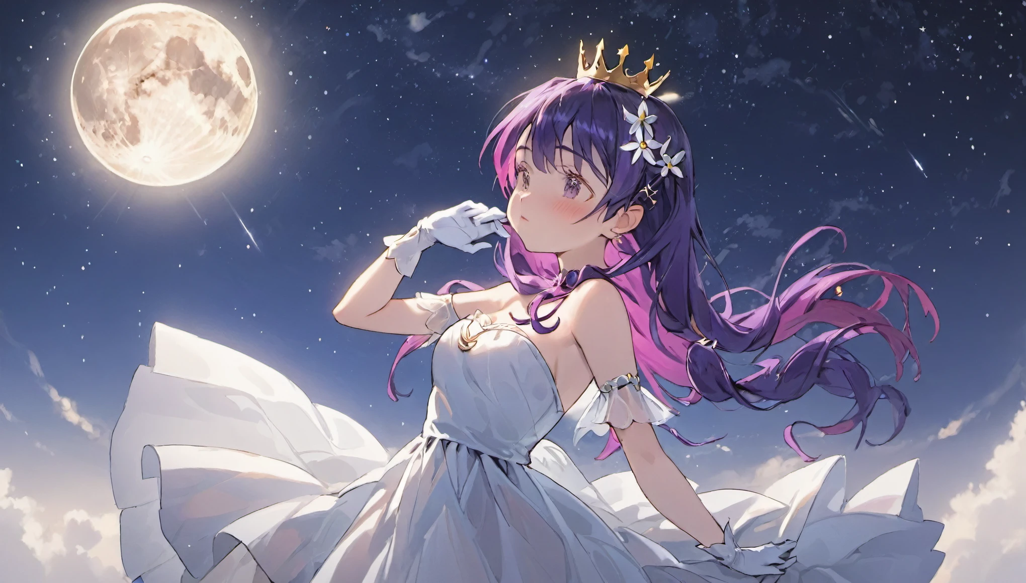 1 elven girl, solo, long hair, breasts, blush, bangs, large breasts, hair ornament, gloves, dress, bare shoulders, twintails, jewelry, medium breasts, closed mouth, closed eyes, upper body, purple hair, braid, flower, earrings, outdoors, detached sleeves, sky, elbow gloves, white gloves, hair flower, white dress, from side, strapless, night, moon, crown, star (sky), night sky, strapless dress, full moon, starry sky, mini crown