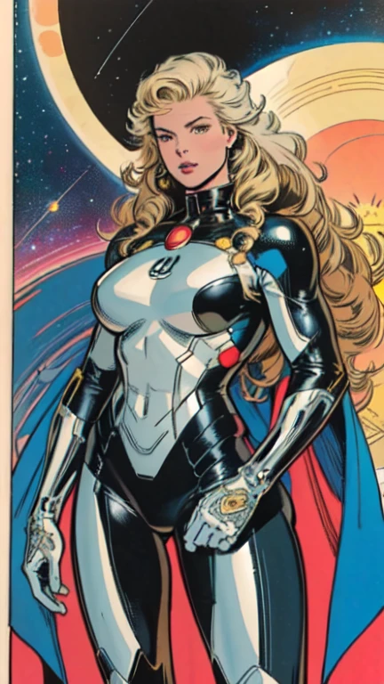 masterpiece,extremely beautiful woman space retro futurism,highly detailed beautiful face,hi-tech armour over silver latex suit, long curly blonde hair,Excellent sense,American Comics,(((The Perfect One Woman))),(((one person))),colorful,highly detailed body,SF,in deep space, with several planets and suns in the background