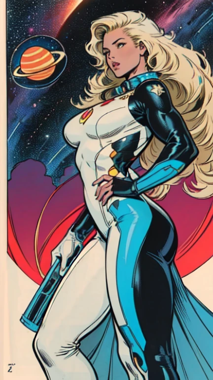 Rita Faltoyano vestindo um traje espacial justo branco com detalhes em vermelho futurista cybberpunk, while flying through space on a surfboard. (((corpo inteiro))) in comic book panel, full body, bold lineart illustration comic, seductive blue eyes, parted lips, perfect body, curvy, fitness, nsfw, in the style of Adam Hughes, (((obra prima))), (((adulto))) Explore retro-futuristic aesthetics, highlighting her confidence and skill as she challenges the limits of the cosmos.
