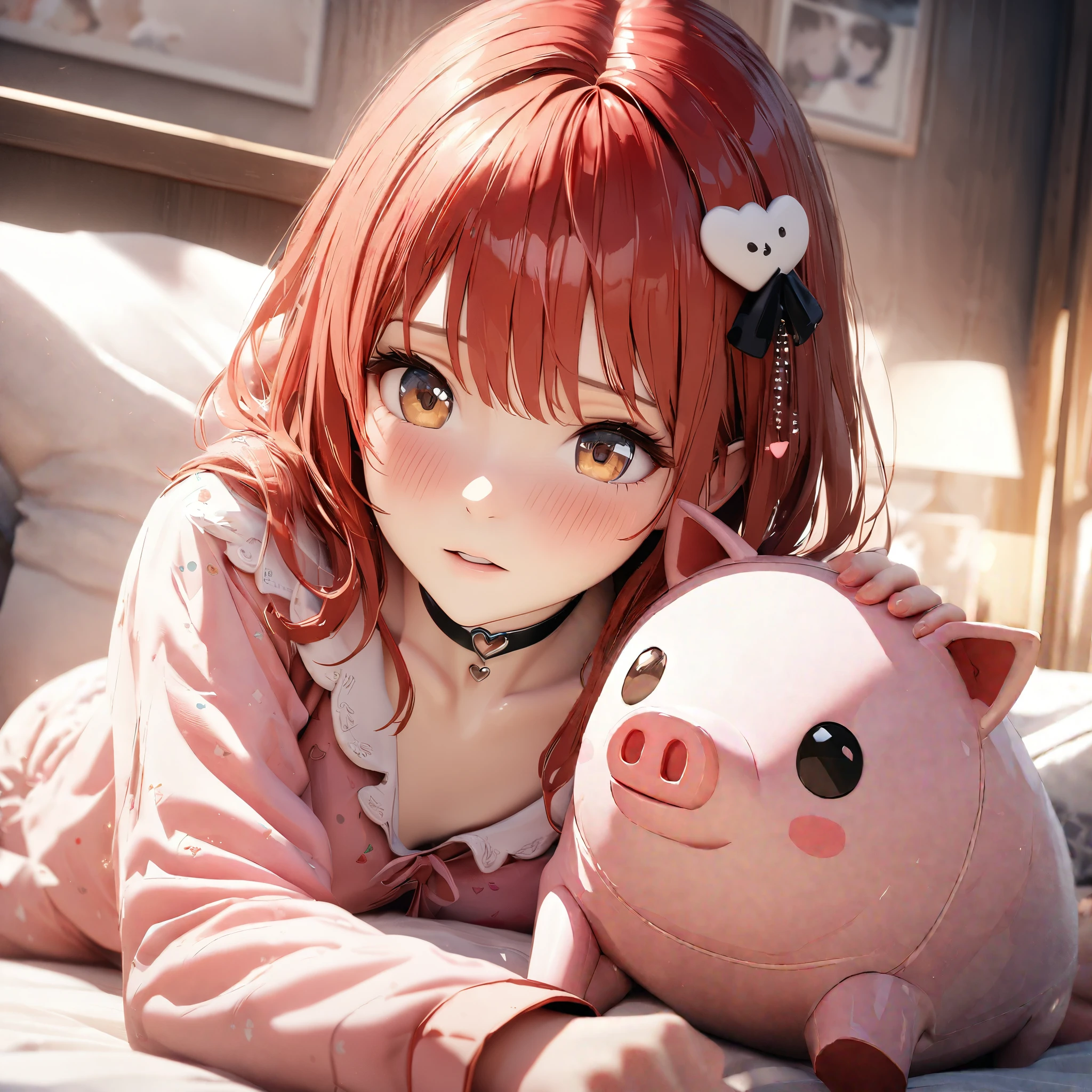 Masterpiece, Best Quality, Super Detailed, High Definition, Expensive Resolution, HDR, 4k, 8K, Unity 8k Wallpaper, Super Detailed CG, Masterpiece, Realistic, 2D, 3D, Beautiful Details, Depth, Fine Texture, Super Fine: 1.3, Complete concentration, crisp, skin, .he, very cute anime girl, break,  Pajamas, bedroom,Holding a cute stuffed pig, long red hair in, Break, one girl, one person, long red hair, looking at camera, expensive, blush, mole, parted lips, hair ornament, heart, choker