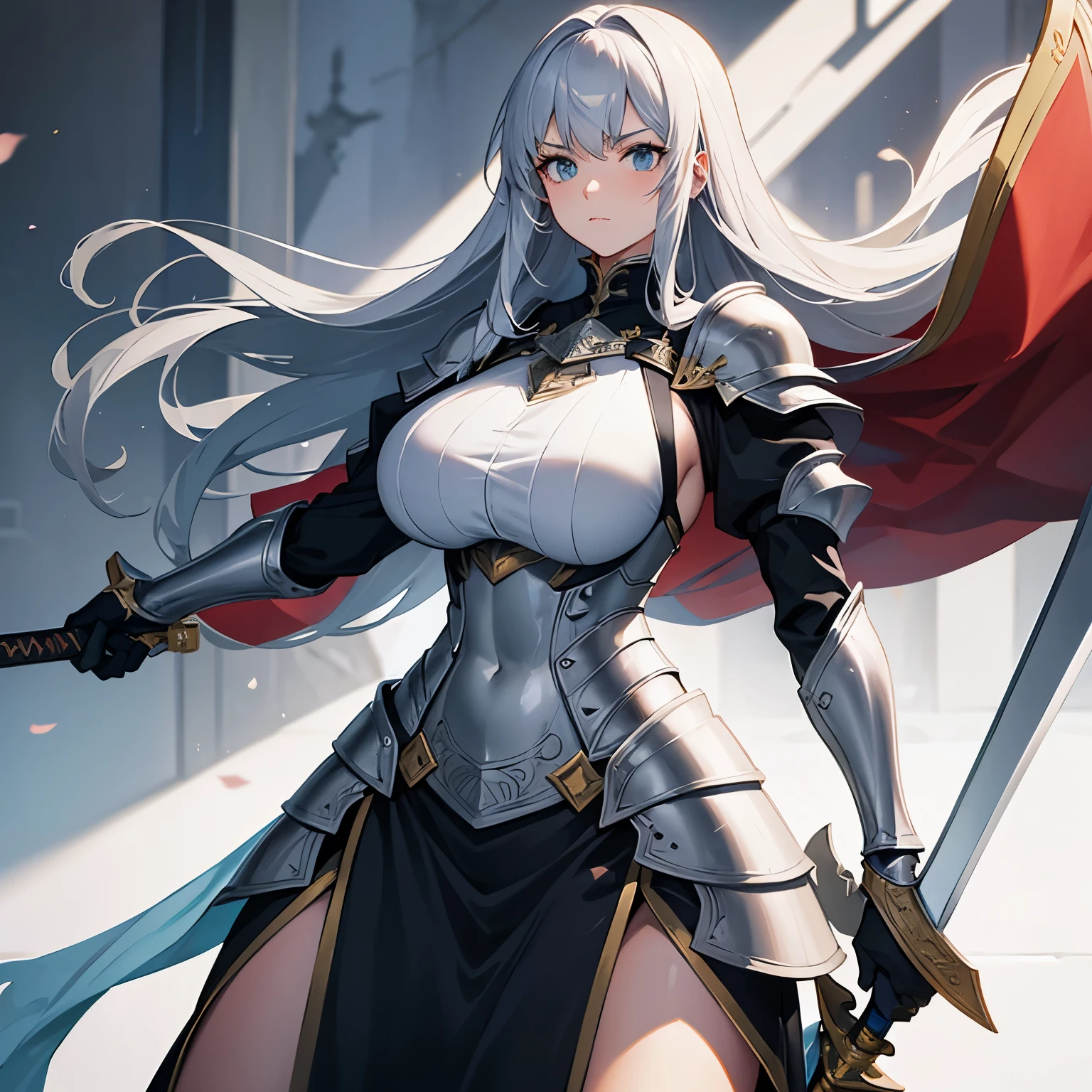 A large-breasted woman wearing silver armor and holding a sword and shield.long sword