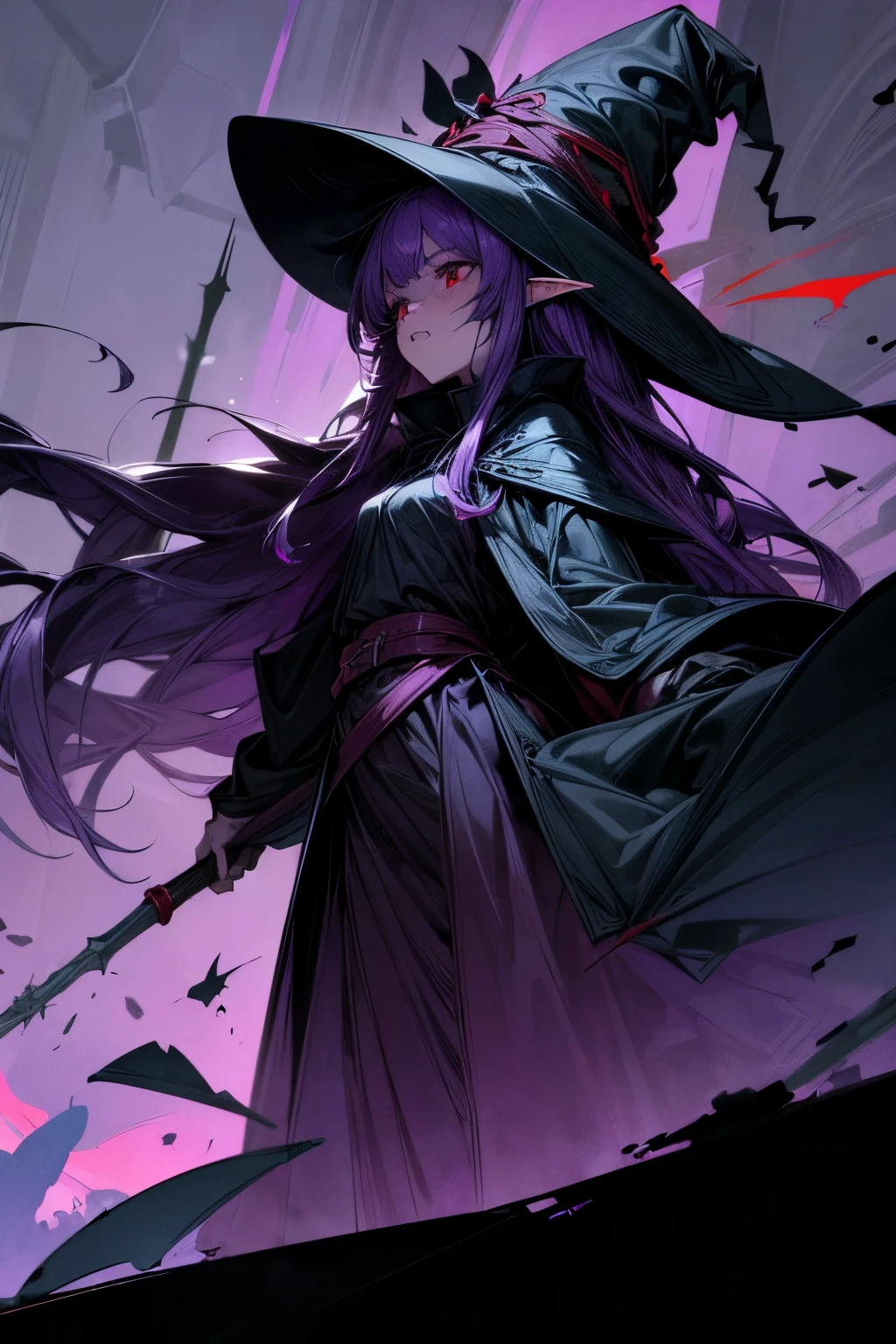 ((Best Quality, 8K, Masterpiece)), ((1girl, average height)), long purple hair, elf ears, red eyes, sharp fangs, magic staff, witch hat, black magic robes, fully covered, casting spell, serious expression, war torn environment, fantasy setting, limited palette, flat color