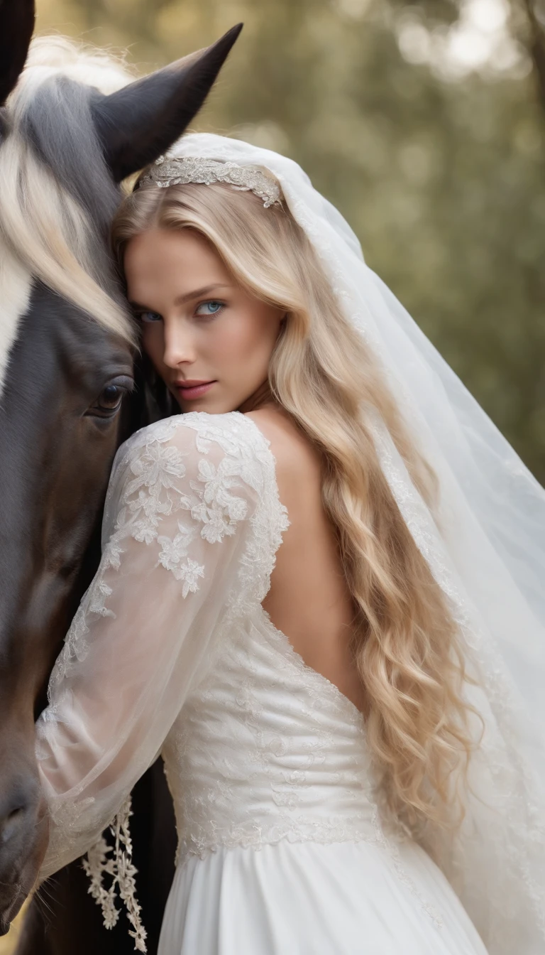 (realistic photo ) ((beautiful girl with wavy blond hair, Blue eyes, tanned skin, with a white veil on her head, wearing a white wedding dress)), ((large black horse with a wavy black mane, Friesian stallion))