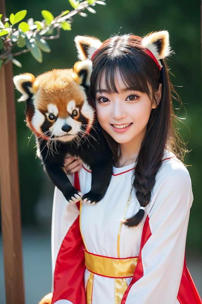 (8K、RAW Photos、top-quality、​masterpiece:1.5)、(realisitic、Photorealsitic:1.5)、ultra-detailliert、超A high resolution、lighting like a movie、(((Idol who loves red pandas)))、(((Japan 20 year old girls)))、(((Wearing a cute costume with a red panda motif)))、(Lots of red pandas:1.5)、cute smile face、Happy and energetic atmosphere、dynamic ungle、dynamic lighting