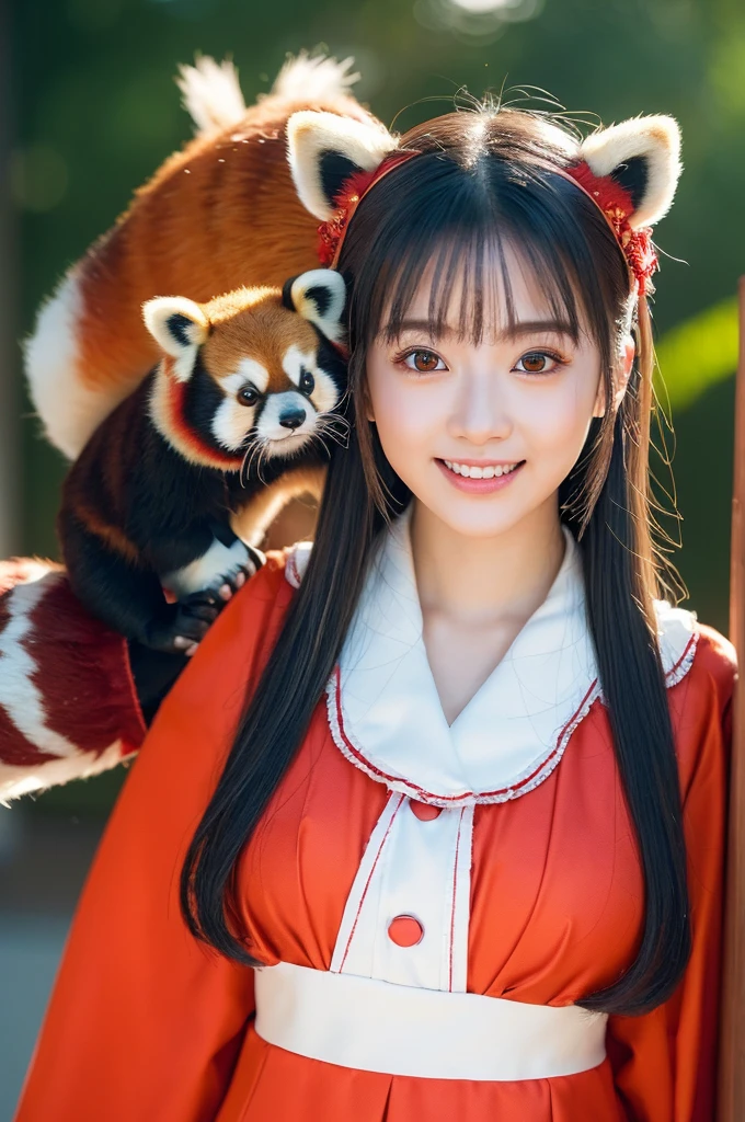 (8K、RAW Photos、top-quality、​masterpiece:1.5)、(realisitic、Photorealsitic:1.5)、ultra-detailliert、超A high resolution、lighting like a movie、(((Idol who loves red pandas)))、(((Japan 20 year old girls)))、(((Wearing a cute costume with a red panda motif)))、(Lots of red pandas:1.5)、cute smile face、Happy and energetic atmosphere、dynamic ungle、dynamic lighting