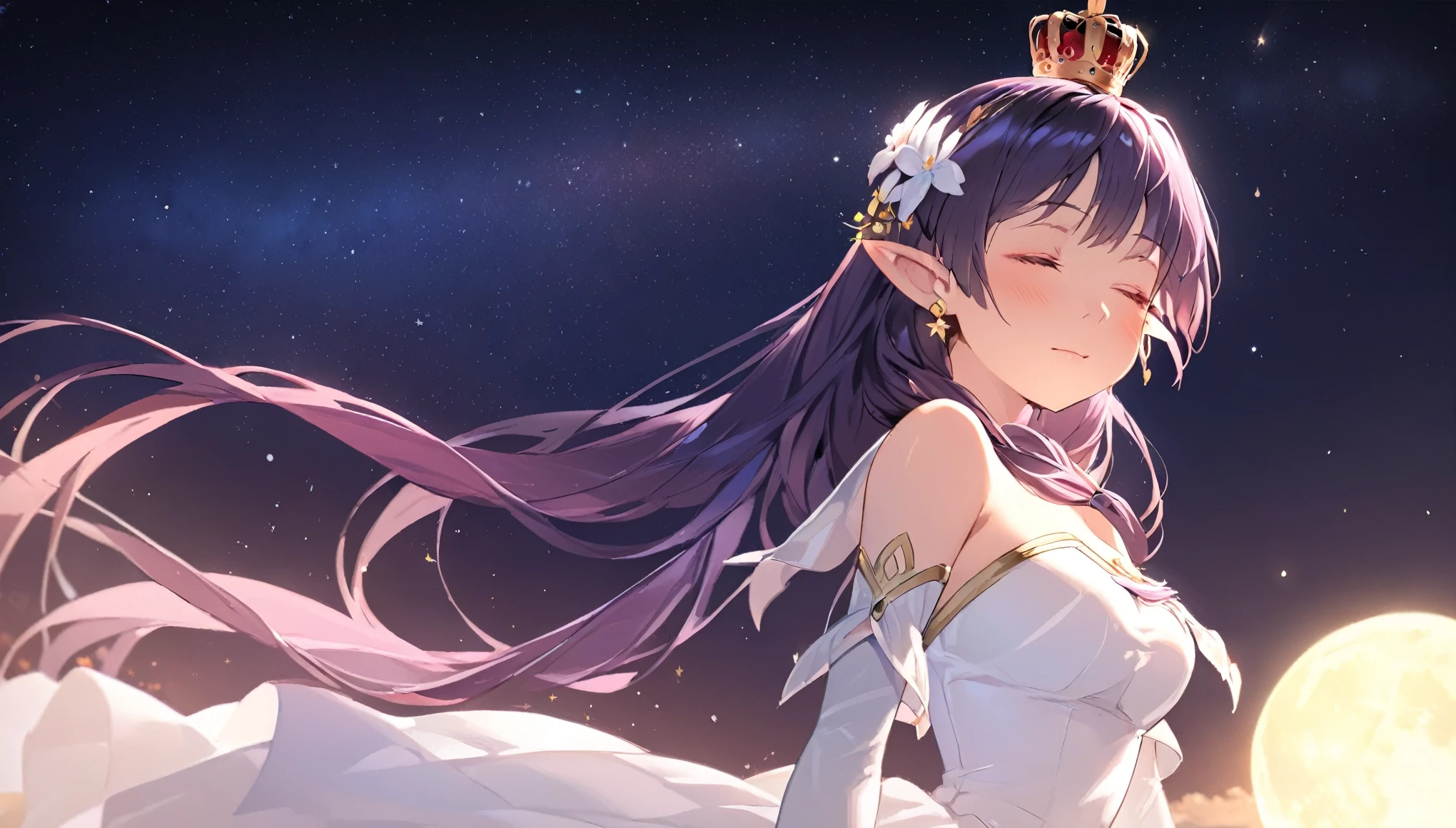 1 elven girl, solo, long hair, breasts, blush, bangs, large breasts, hair ornament, gloves, dress, bare shoulders, twintails, jewelry, medium breasts, closed mouth, closed eyes, upper body, purple hair, braid, flower, earrings, outdoors, detached sleeves, sky, elbow gloves, white gloves, hair flower, white dress, from side, strapless, night, moon, crown, star (sky), night sky, strapless dress, full moon, starry sky, mini crown
