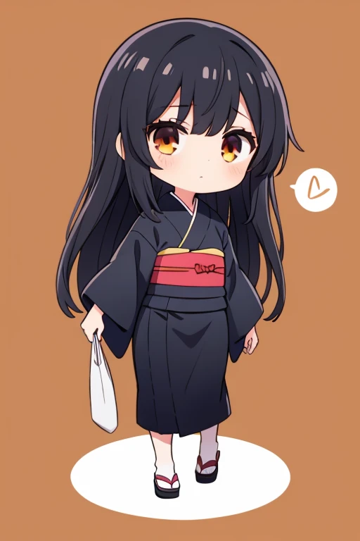 1girl, kimono, black hair, brown eye, long hair, chibi, standing, full body