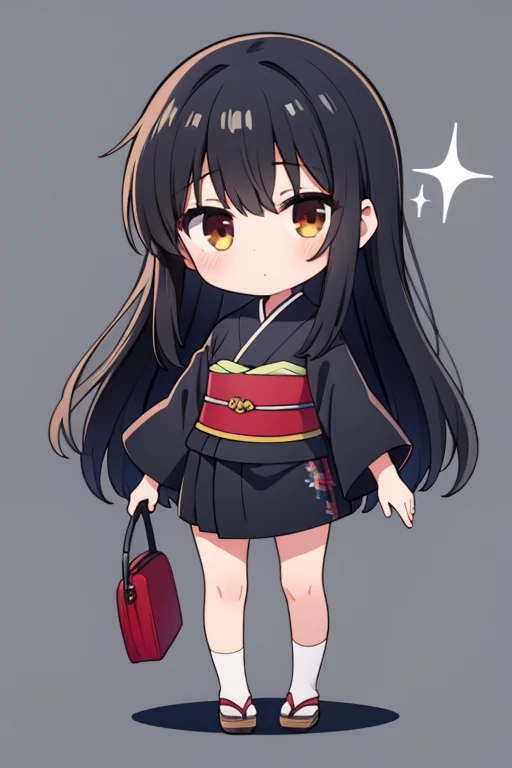 1girl, kimono, black hair, brown eye, long hair, chibi, standing, full body