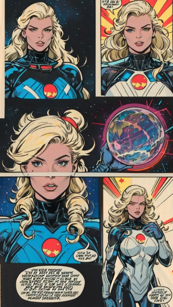 masterpiece,extremely beautiful woman space retro futurism,highly detailed beautiful face,hi-tech armour over silver latex suit, long curly blonde hair,Excellent sense,American Comics,(((The Perfect One Woman))),(((one person))),colorful,highly detailed body,SF,in deep space, with several planets and suns in the background 