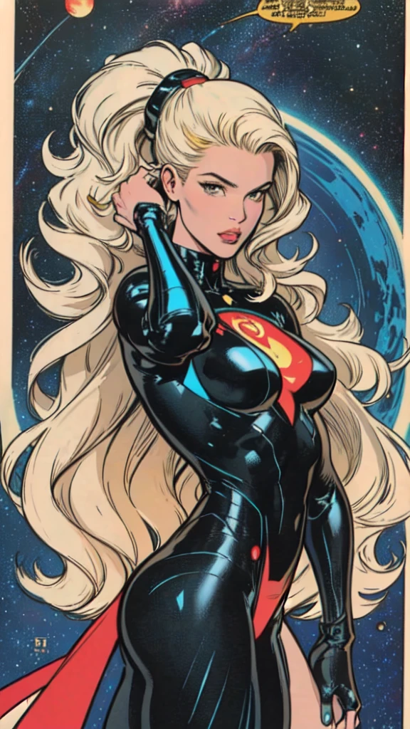 masterpiece,extremely beautiful woman space retro futurism,highly detailed beautiful face,hi-tech armour over silver latex suit, long curly blonde hair,Excellent sense,American Comics,(((The Perfect One Woman))),(((one person))),colorful,highly detailed body,SF,in deep space, with several planets and suns in the background 