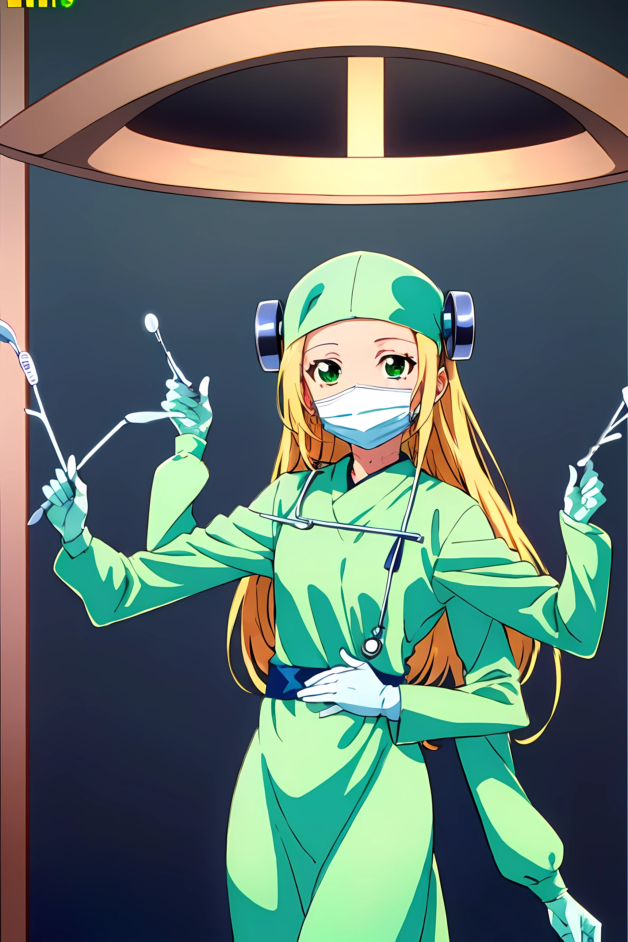 (highest quality:1.3),(ultra-become familiar with:1.5),High resolution,extremely become familiar with CG,unity 8k wallpaper,official art,become familiar with,super become familiar with skin,perfect anatomy,beautiful become familiar with eyes,(anime screenshot:1.11),very delicate and beautiful,(90s anime,90s anime style,cel shaded anime:1.17),1 girl,anmnr, 
madaraki_fran,Light blonde long hair,brown eyes,,stitch,body scars,Creepy look,(extra arms:1.3),closed mouth smile,Drooping eyes,(green surgical gown:1.7),green surgical cap,(green surgical mask:1.5),surgical gloves,((operating room1.15)),