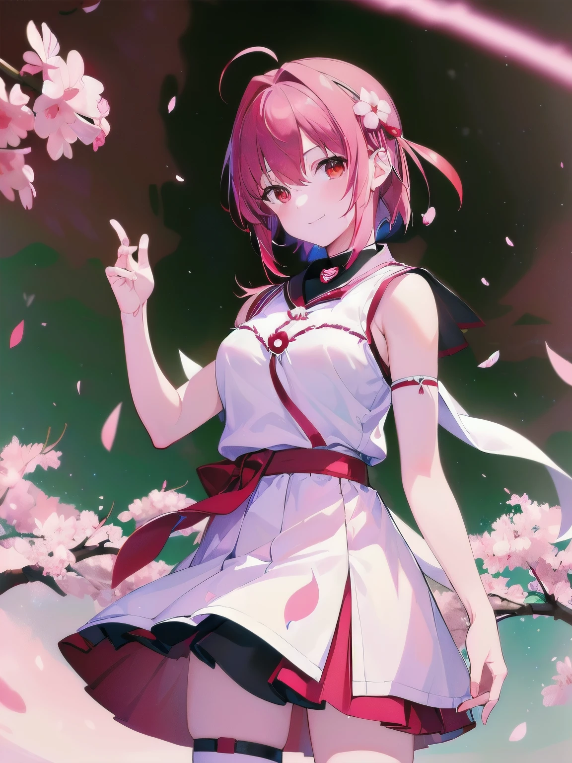 [(GALAXY BACKGROUND:1.5),::5], ((((masterpiece)))), high quality, very_high_resolution, large_filesize, full color, ((girl)), 13 old year, short red hair, vivid color, ((red eye)), civilian clothes white, anime, Below the knee to upper body, smile, (Sakura EFFECT:1.5)