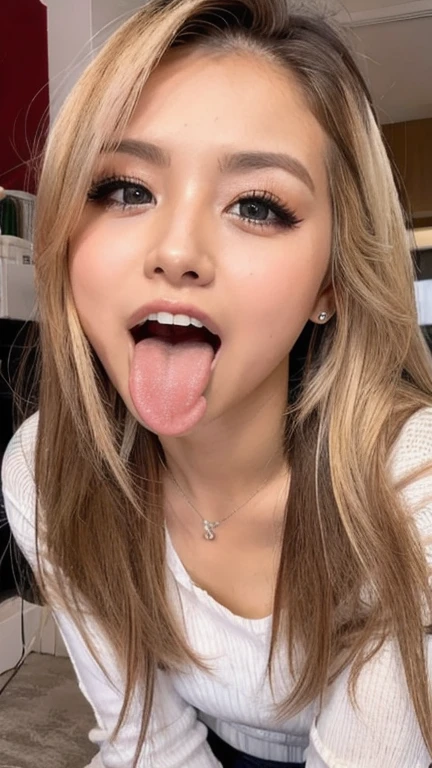 Japanese woman, beautiful girl, gal, blonde, baby face, highest quality realistic skin, eyes in focus, 20 years old, sticking out tongue, focus on mouth, open mouth, long tongue, saliva, open mouth wide, inside of mouth visible, open mouth and sticking out tongue 