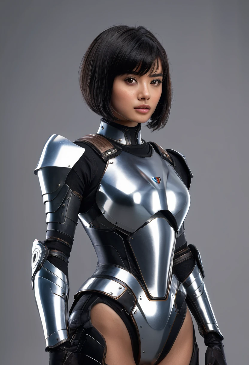 ((best quality)), ((masterpiece)), (detailed), perfect face, (best quality, highres, realistic), cinematic, 1girl, brown eyes, black hair, bobcut hair, flowing hair, sexy armor, futuristic, full body, sexy pose, standing, simple background,