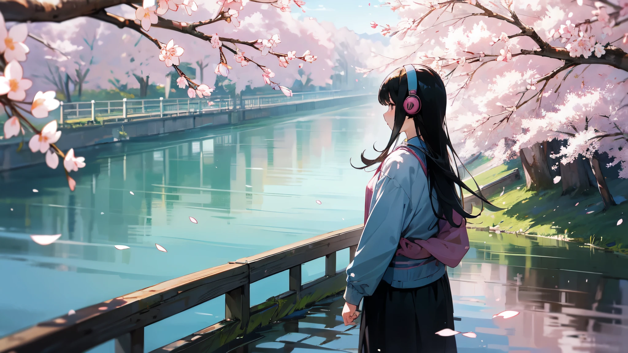 Beautiful girl, black hair, back view, wearing headphones, standing, spring breeze, river, river murmuring, gentle breeze, cherry blossoms, relaxing