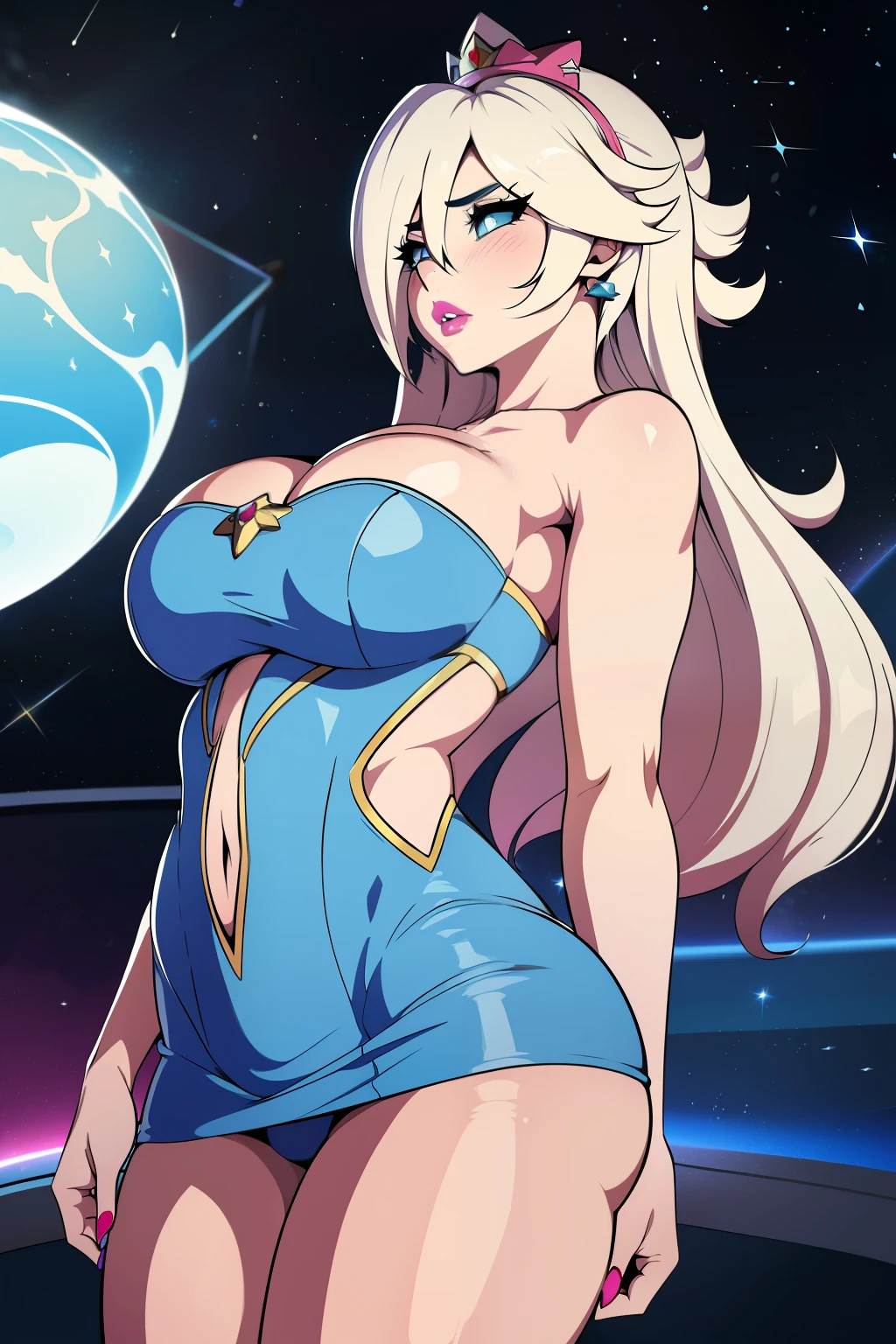 Rosalina, in space, wearing light blue dress, long messy hair, platinum blonde hair, 20 year old woman, busty, bubble butt, hourglass figure, skinny, standing, blushing, confused expression, mario galaxy, luma, heavy makeup, pink lips, pink lipstick, eyeshadow, full lips