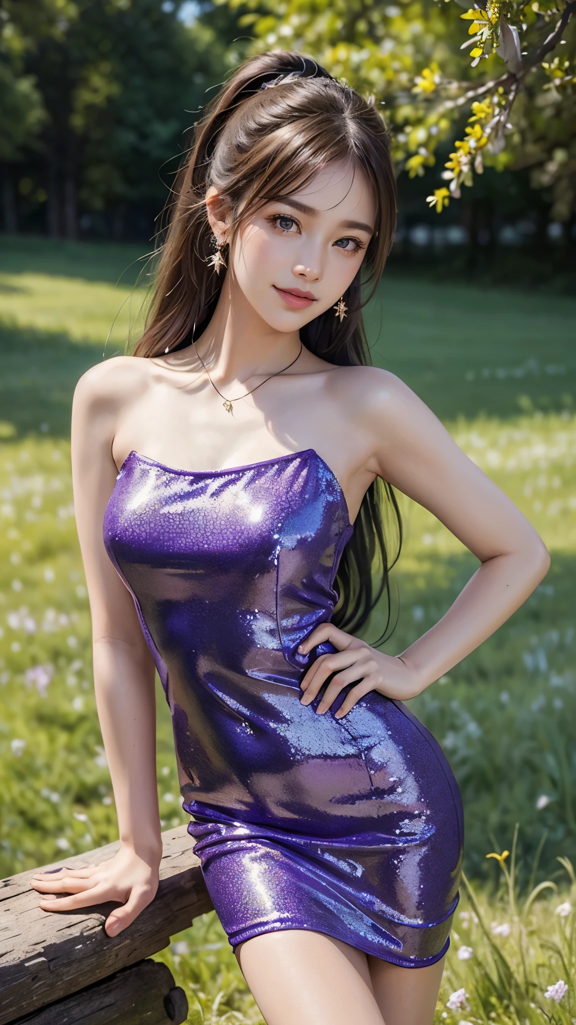 (Masterpiece:1.4), CG Unity 8k walpaper, ((Realistic: 1.2)), Ray Tracing, 64k, Beautiful 22 years girl, Asian realistic girl, Ultra Realistic, ultra HD, high detail，8K resolution，ultra high resolution, cute girl，The ponytail, long Hair，earrings，necklace，Colorful clear eyes，smooth hair，Exquisite and perfect with the most beautiful facial features and big eyes，Long eyelashes，(Smile)，field，Ultimate picture quality，Standing in front of multi colour apricot flowers field, ((Upper body shot)), ((Lovely Glitter purple Bardot Homecoming Dress: 1.2)), [(4 different Poses),(pose 1: Grab hair with both hands, tighten tummy to lift hips,stand side ways),(pose 2: strech your arm,hand on hip, tighten tummy and lift hip),(pose 3: tilt head to smile,put arm behind back,place arm side by leg),(pose 4: title your head to smile,put your hands naturally by your side,stand side ways)], (Detailed poses), (Detailed Dress), (detailed background) , Beautiful human real fingers, beautiful human real hands, Real human natural skin, 