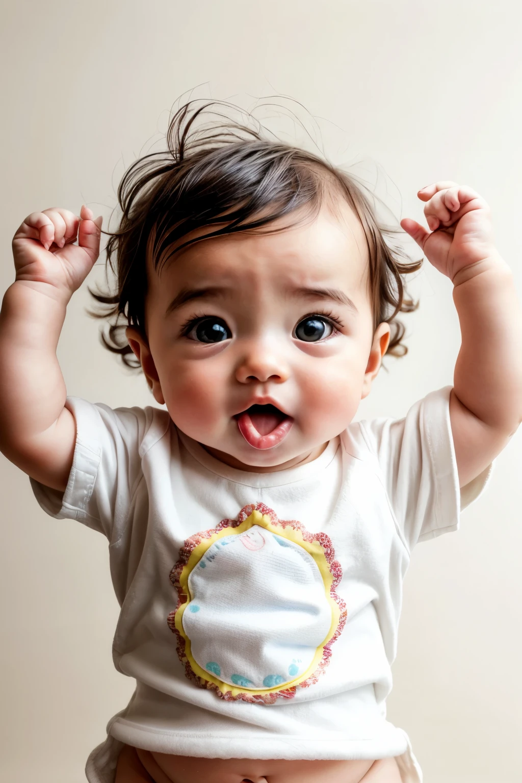 Top quality, masterpiece-level image of a baby girl, adorned in a cozy t-shirt jacket, wearing pampers, with hands raised and a surprised, innocent mouth. The gibberish style adds a playful, whimsical touch, set against a pristine white background under the sunlight. The image is devoid of any shadows whatsoever, creating a warm and delightful atmosphere. (masterpiece, gibberish style, top quality, baby, pampers, hands raised, surprised mouth, white background, no shadows in sunlight)