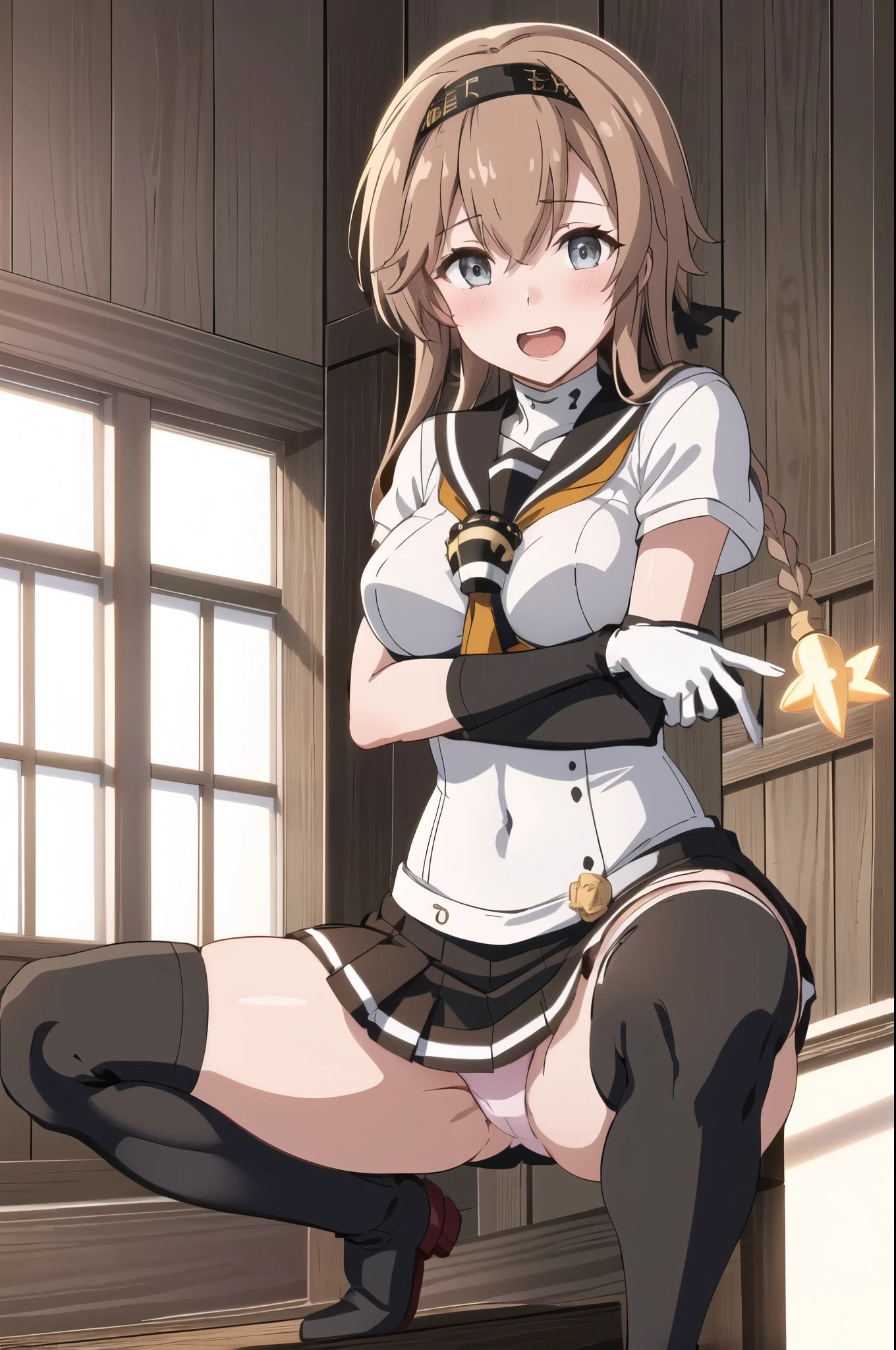 (masterpiece, highest quality:1.4), (Super detailed:1.2), {shape,picturesque}, {studio light, picturesque}, [best shadow],
(KonishiCSA)_(ShizumaCSA)_(HoshiakariCSA), (Alpha CDE)_(Gamma CDE),
break
(perfect anatomy), (symmetrical eyes, Super detailed eyes, beautiful eyes), (sharp eyeliner, Super detailed face, beautiful face), (gray eyes),
break
nice hands, perfect hands, Written by Guido Daniele,
break
1girl, alone,
break
TeruzukiKC, (Teruzuki) uniform, ((black) hachimaki), ((propeller) hair ornaments), (black) sailor collar, (yellow) neckerchief, ((colorful) gloves, (white) gloves, (black) gloves:1.25), (black) pleated skirt, ((white) knee high:1.3), (short sleeve) serafuku, (gray) corset, mini skirt, (white and black) gloves,
break
 カウボーイショット, towards the viewer, smile, open your mouth, blush, (indoor, office, living room),
break
, (squat) (lace panties)spread your legs, Flashy underwear that lifts your legs