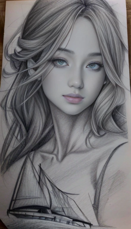 Charcoal pencil drawing, 4k, best quality, drawing of a woman with a sailboat in her hair, drawn in artgerm style, art sketch, realistic sketch, pencil drawing, pencil drawing, black and white drawing, matte sketch, realism drawing, sketch art, fine art sketch, artees sketch, inspired by Artgerm, loose pencil drawing, artistic drawing, pencil drawing, sketched