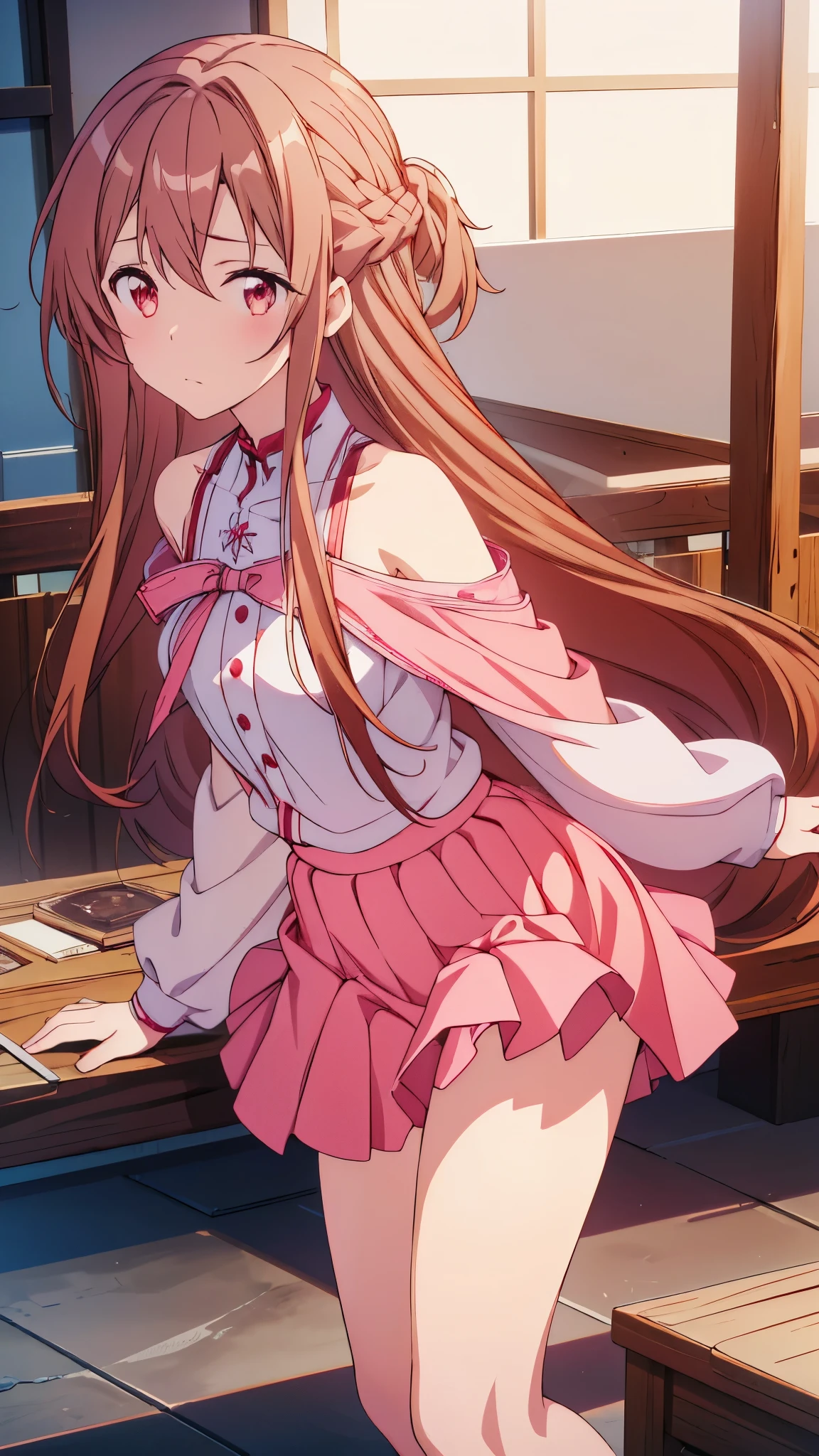 (masterpiece, highest quality:1.2), 1 girl, alone,Are standing_Split, 
Yuuki eats, long hair，black无袖短背心，pink skirt，black