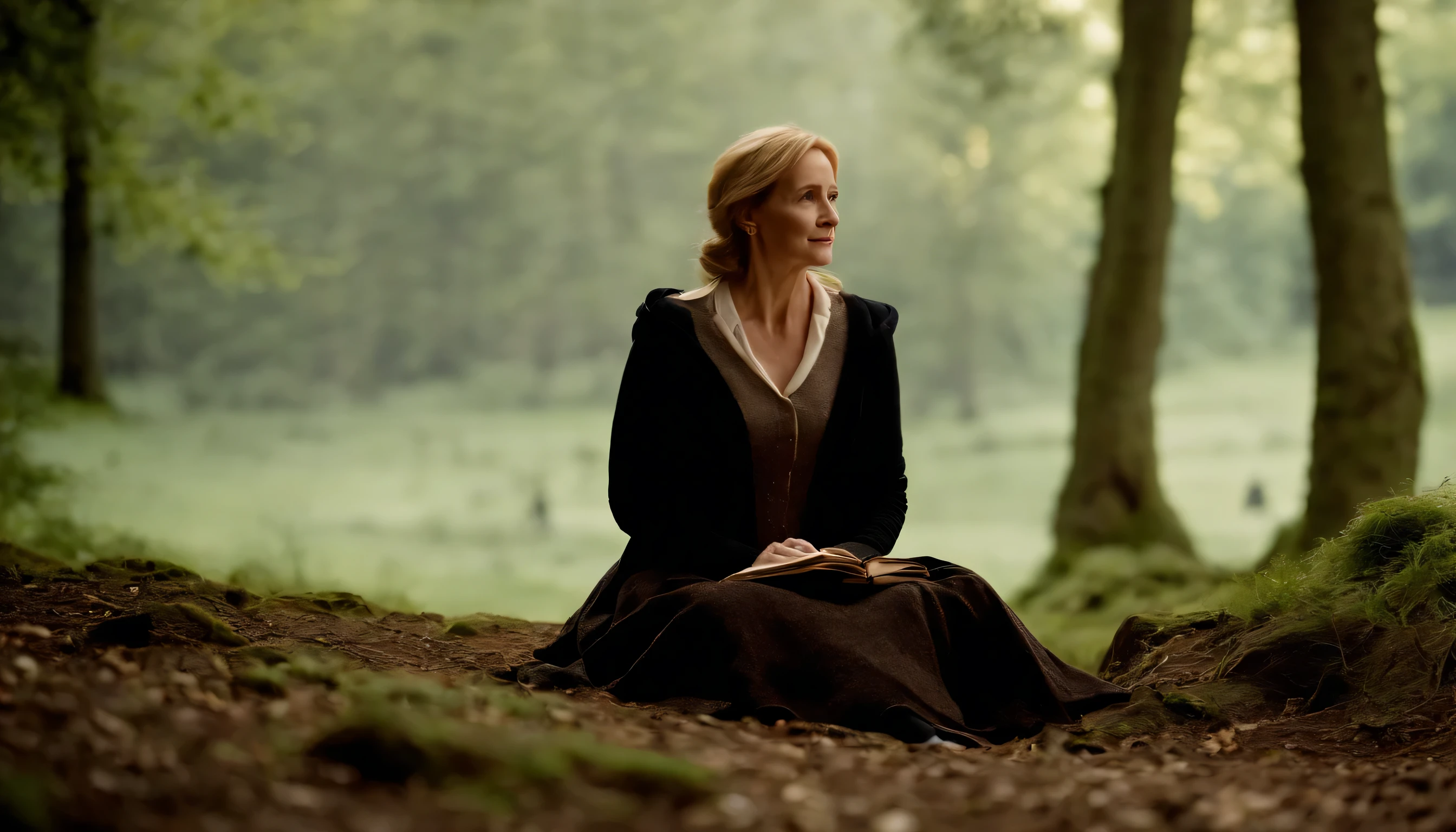 J. K. Rowling in nature, vast ground, writing Harry Potter