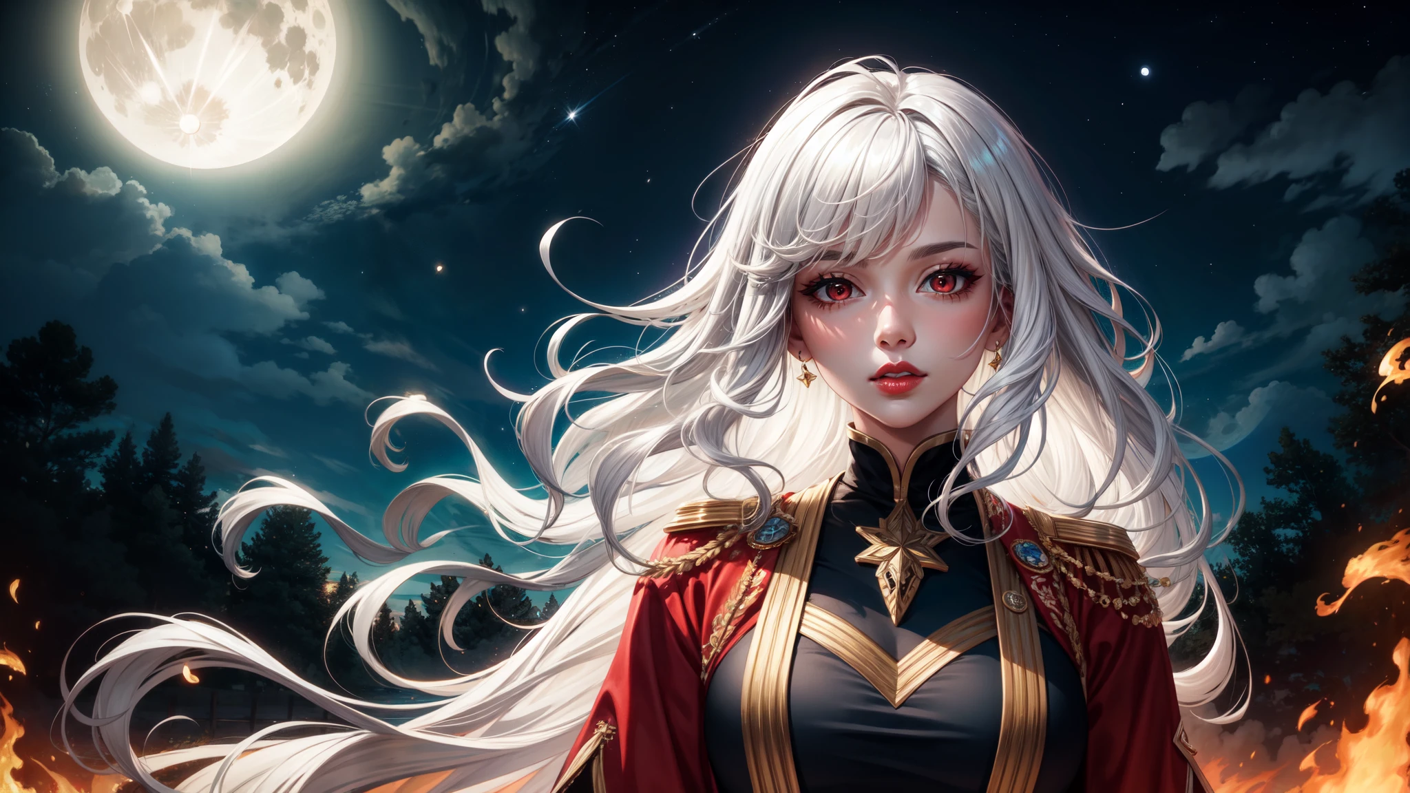 Masterpiece, best quality, 1 woman, white hair, wavy hair, long hair, Red Eye, upper body, alone, bright colors, cowboy shot, fire background, full moon, full lips, natural lips