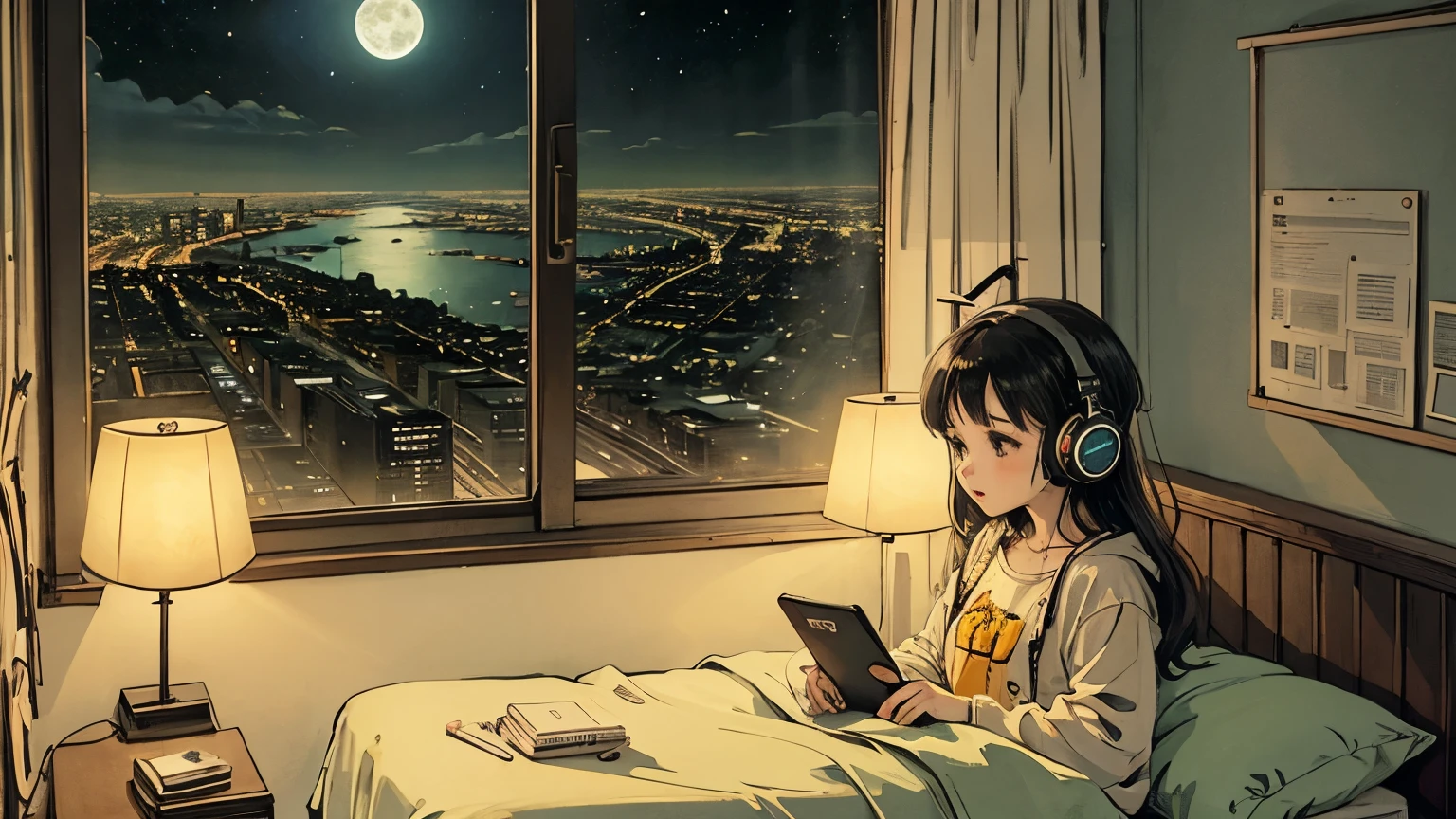 high resolution、4k、1 girl, 90s anime style, night, Studio Room, Small Full Moon, Girl with headphones, late night room, listen to music alone, city pop, night景、 Lo-Fi, Chill, late night, Rooms for single people, dark room, futuristic night view outside the window, dark room