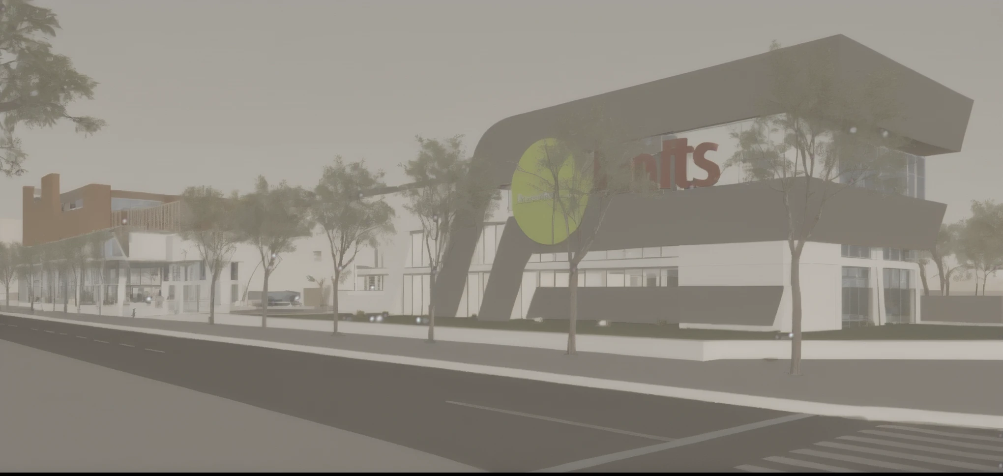 rendering of a building with a sign that says it's up, artists impression, conceptual rendering, artist's impression, exterior shot, concept image, artists rendition, 3 d renders, final render, artist impression, concept render, sharp hq rendering, rendered in keyshot, 3d rendering, 3 d rendering, high res render, with 3 d render, with 3d render,architecture,glass material, factory, modern, public building, downtown, urban landscape, cars, people, streets, realistic, trees, bird's eye view, overhead view, people, mean of transportation,
