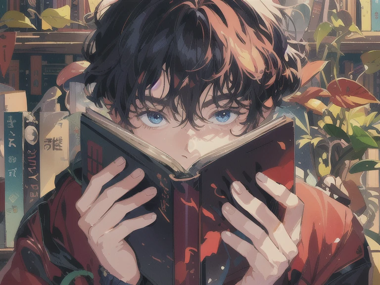 There is a man reading a book in front of a bookshelf., portrait of lofi, 4k manga wallpaper, book portrait, Gwaites style artwork, digital anime illustration, Lofiatostyle, anime art wallpaper 4k, anime art wallpaper 4k, anime art wallpaper 8k, rpg book portrait, Lofiato, detailed digital anime art、Make a few variations