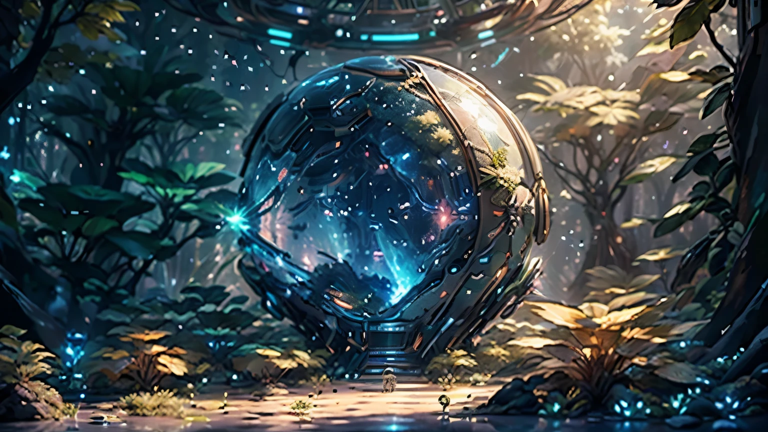 masterpiece, the best quality, Amazing reflections, (Very detailed CG unified 8k wallpaper), (best quality), (Best Illustration), (best shade), forest theme with technology elements. Tall spaceship, quiet galaxy, small glowing mushrooms surrounded by delicate 陨石 and branches, with creatures and glowing particle effect,, (natural elements), (jungle theme), (foliage), (branches), (firefly), Butterfly, (delicate foliage), (glow), (particle effect). , Isometric 3D, octane rendering, Ray tracing, super detailed,Space elements,alien planet