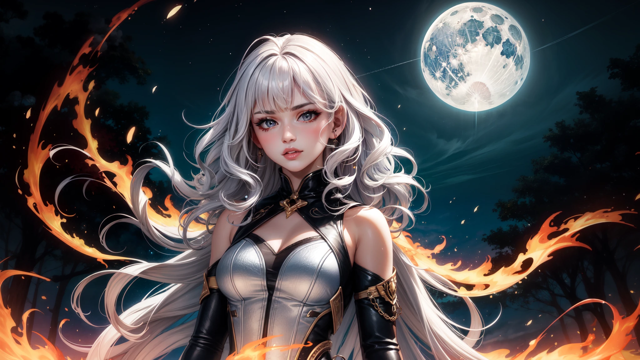 Masterpiece, best quality, 1 woman, white hair, wavy hair, long hair, Red Eye, upper body, alone, bright colors, cowboy shot, fire background, full moon, full lips, natural lips