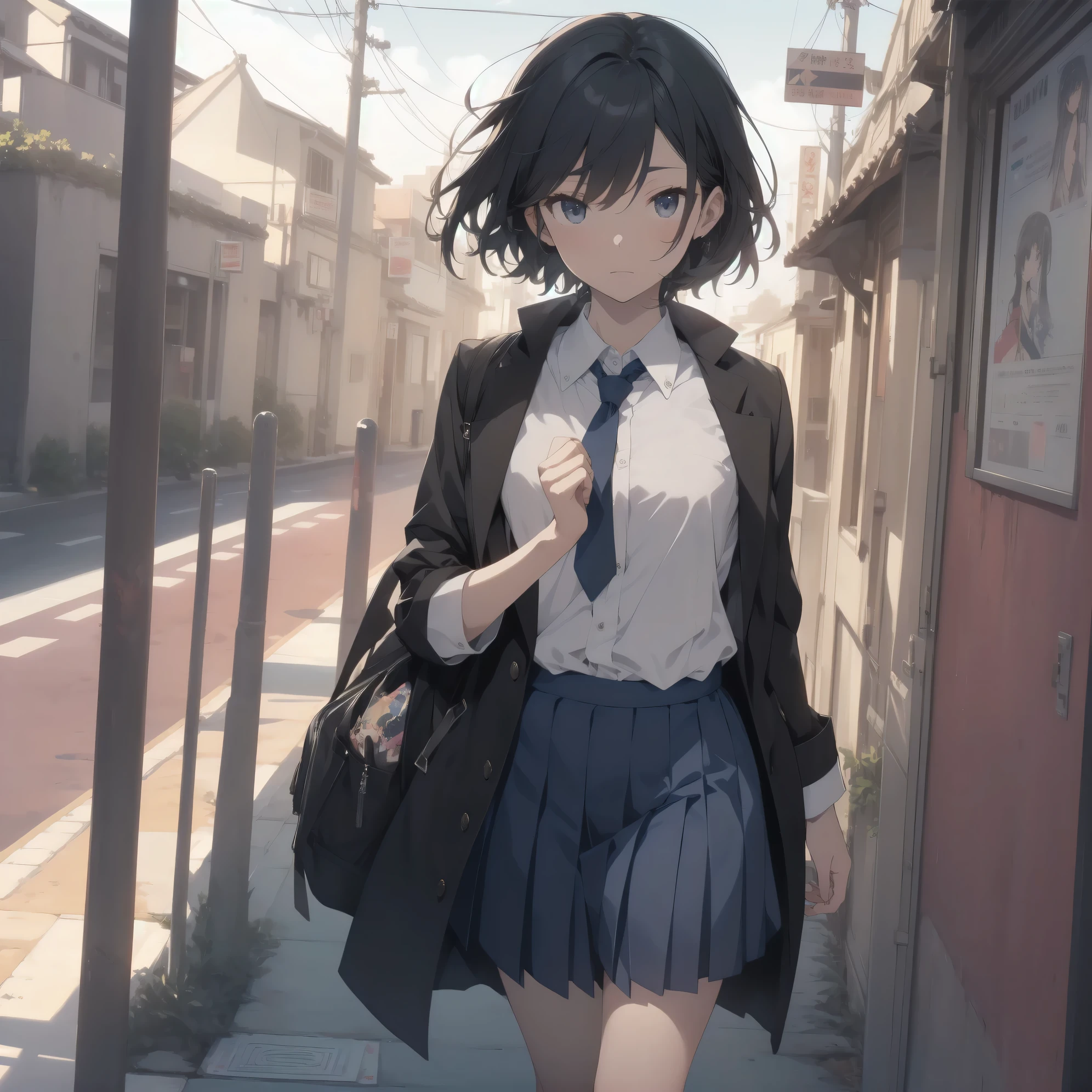 ultra-absurdres-Top quality by artist God, ultra-detailed, high resolution, anime moe artstyle, best anime 8k konachan wallpaper, pixiv contest winner, perfect anatomy,break, 1girl, (Please draw a girl walking sleepily to school alone. )break,(Solo,little female, 13-year-old:1.3),Full limbs, complete fingers,a junior high school student, Attractiveness of immature bodies, (very short hair), short cut, flat chest, , small butt, small black eyes, beautiful detailed eyes, well-proportioned iris and pupils, expressive eyes, highres detailed hair, soft expression, school_uniform, official_alternate_costume, pleated skirt,(Detailed Lighting), (Detailed background), in the School commute route. break,super detailed skin, Best cinematic lighting powered by famous artist, 8k,beauty illustration,photoshop_(medium),very aesthetic,break,((artist:itomugi-kun )), artist:akinashi yuu ,artist:oyari ashito ,artist:kantoku ,