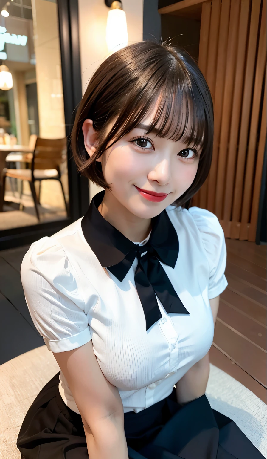 (8K、RAW photo、highest quality、masterpiece:1.2)、(realistic、Photoreal:1.37)、super detailed、
1 girl、cute、solo、beautiful detailed sky、Detailed cafe、night、sit on top、date、(nose becomes red)、(laughter:1.1)、(closed your mouth)、big and full breasts、enchanting smile、wide opening、professional lighting、Sony α7R4、Zecy 50mm F1.8、
medium breasts、beautiful detail eyes、(collared shirt:1.1)、A bow tie、pleated skirt、(short hair:1.2)、black haired、layered hairstyles
